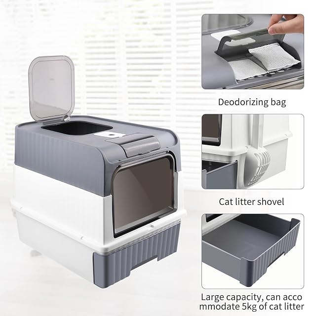 Foto 7 de 8 de Caja de arena para gatos cerrada, gran caja de arena plegable con techo a abrir, bandeja y pala extraíbles