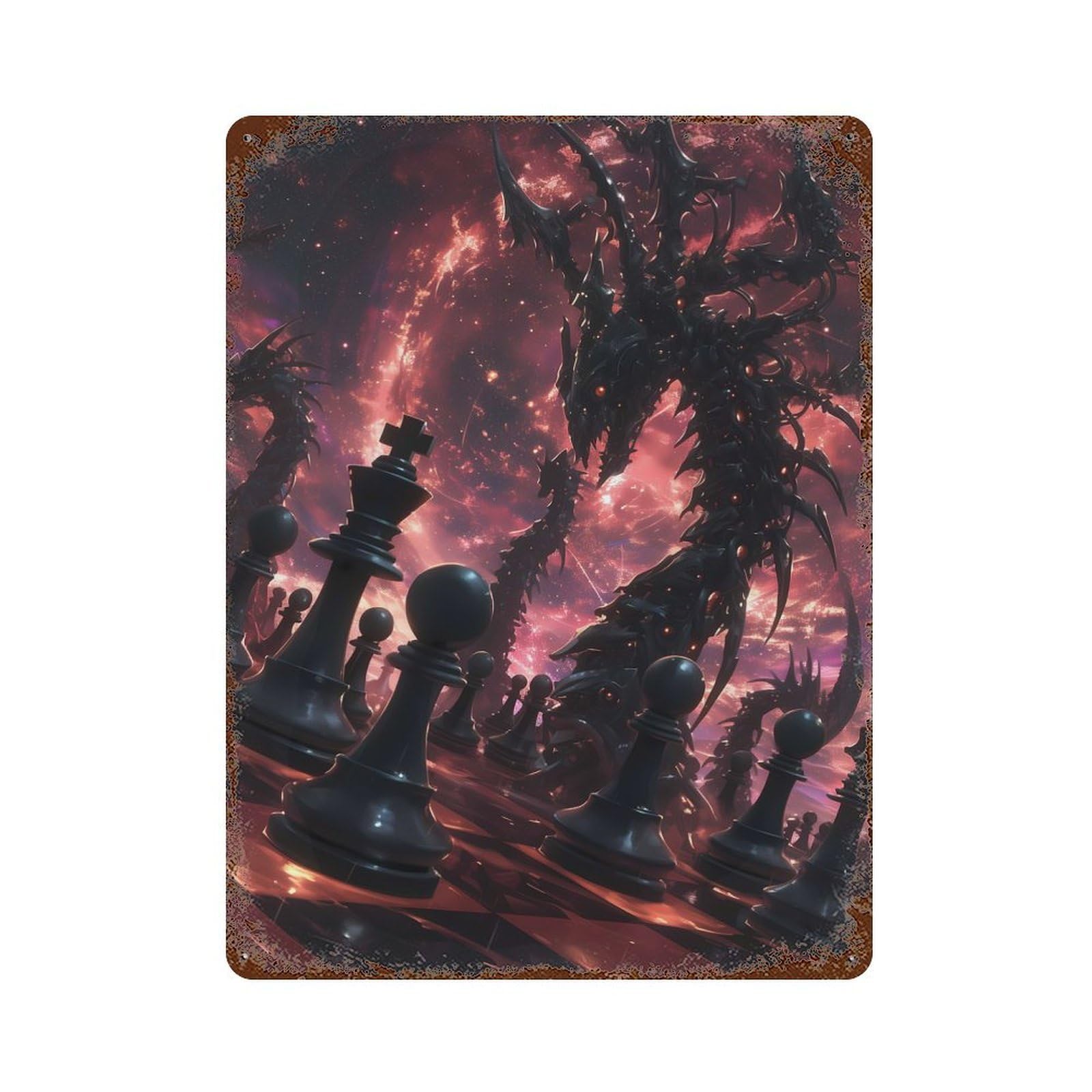 Chessboard with Dragons 15.7"x11.8" Aged Metal Wall Plaque, Novelty Wall Decor for Shed, Workshop And Garage Wall Decor