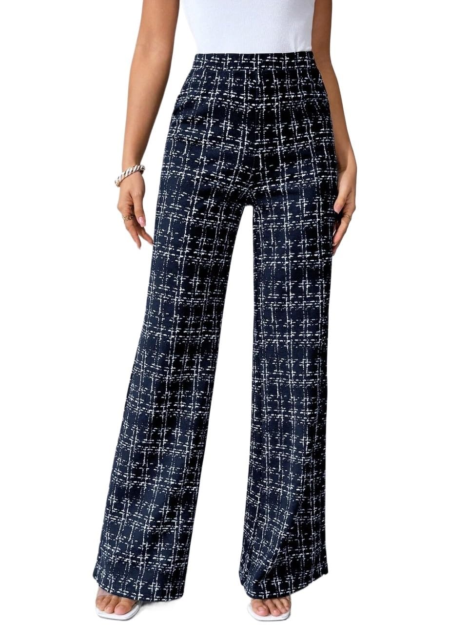 Womens Pants Elegant Plaid Printed Elastic Knitted Pants Casual Trousers