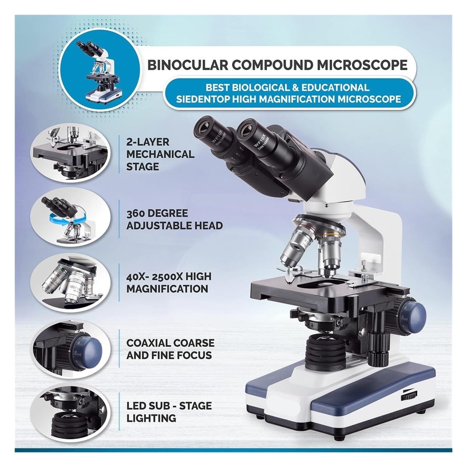 Microscopio Composto binoculare a LED con ingrandimento 40X-2500X, Fotocamera USB da 0,3 MP, Scelta Economica per Studenti e Professionisti in Laboratorio
