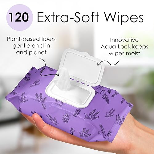 BeautyFrizz Lavender Face Wipes - 120 pcs - Gentle Makeup Remover Wipes for Women - Facial Cleansing Wipe with Aloe, Castor, Vitamin A and E - Extra Soft - Moisturizing