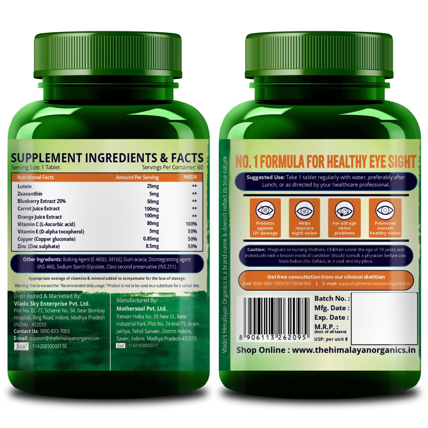 Vlado's Himalayan Organics Plant Based Eye Care Lutein and Zeaxanthin Supplement to Improve Vision, Blue Light & Digital Guard (Lutemax 2020, Orange Extract, Carrot Extract) - 60 Veg Tablets