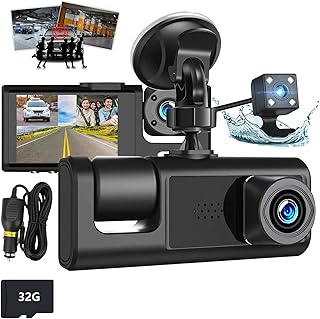 3 Channel Dash Cam Front and Rear Inside with 32GB Memory Card - 1080P Full HD Car Camera with IR Night Vision, 170° Wide Angle, Loop Recording, G-Sensor, Parking Monitor, 24 Hours Recording