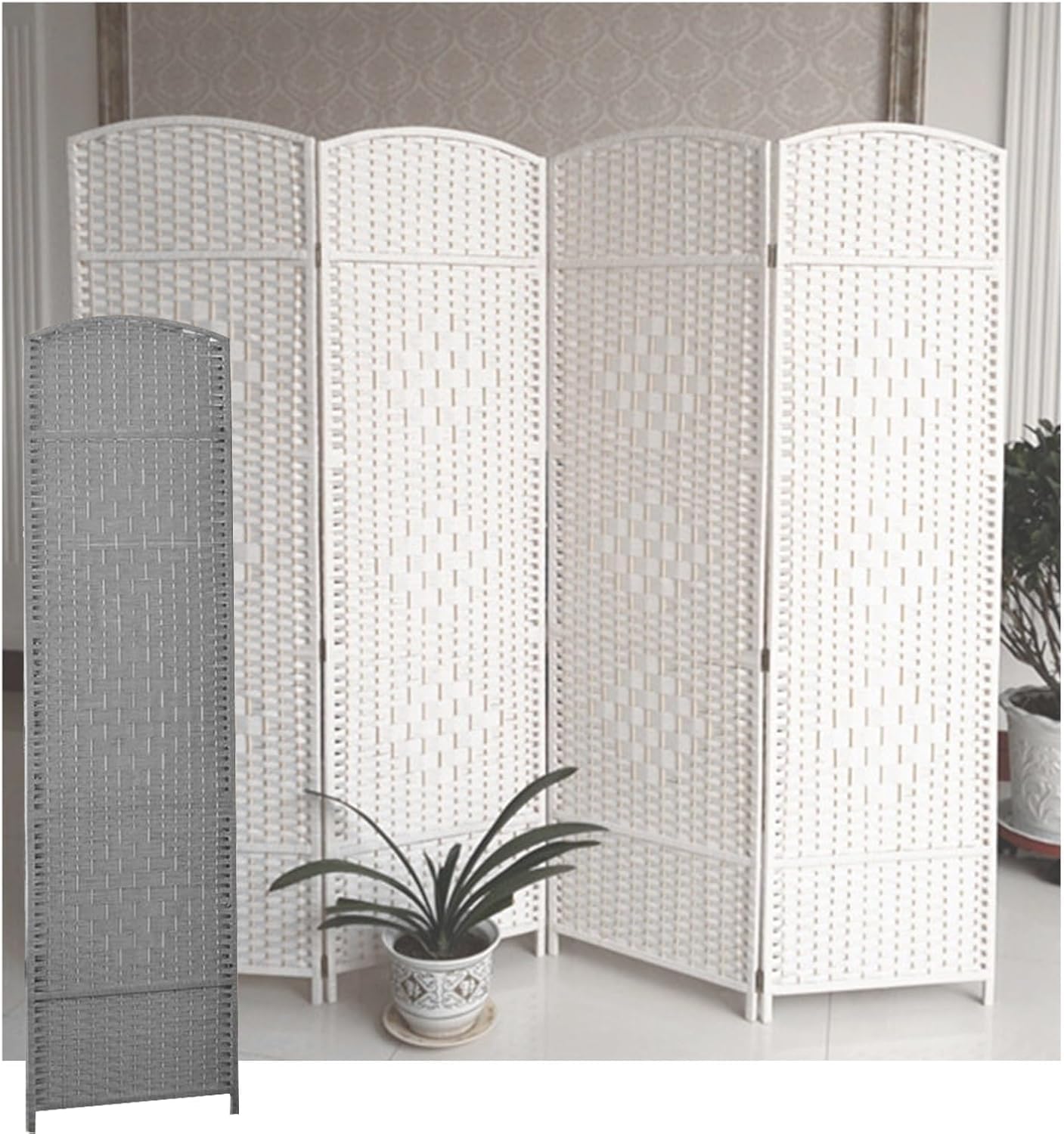 Séparateur de cloison autoportant blanc écran intimité bois tressé rotin 3 volets