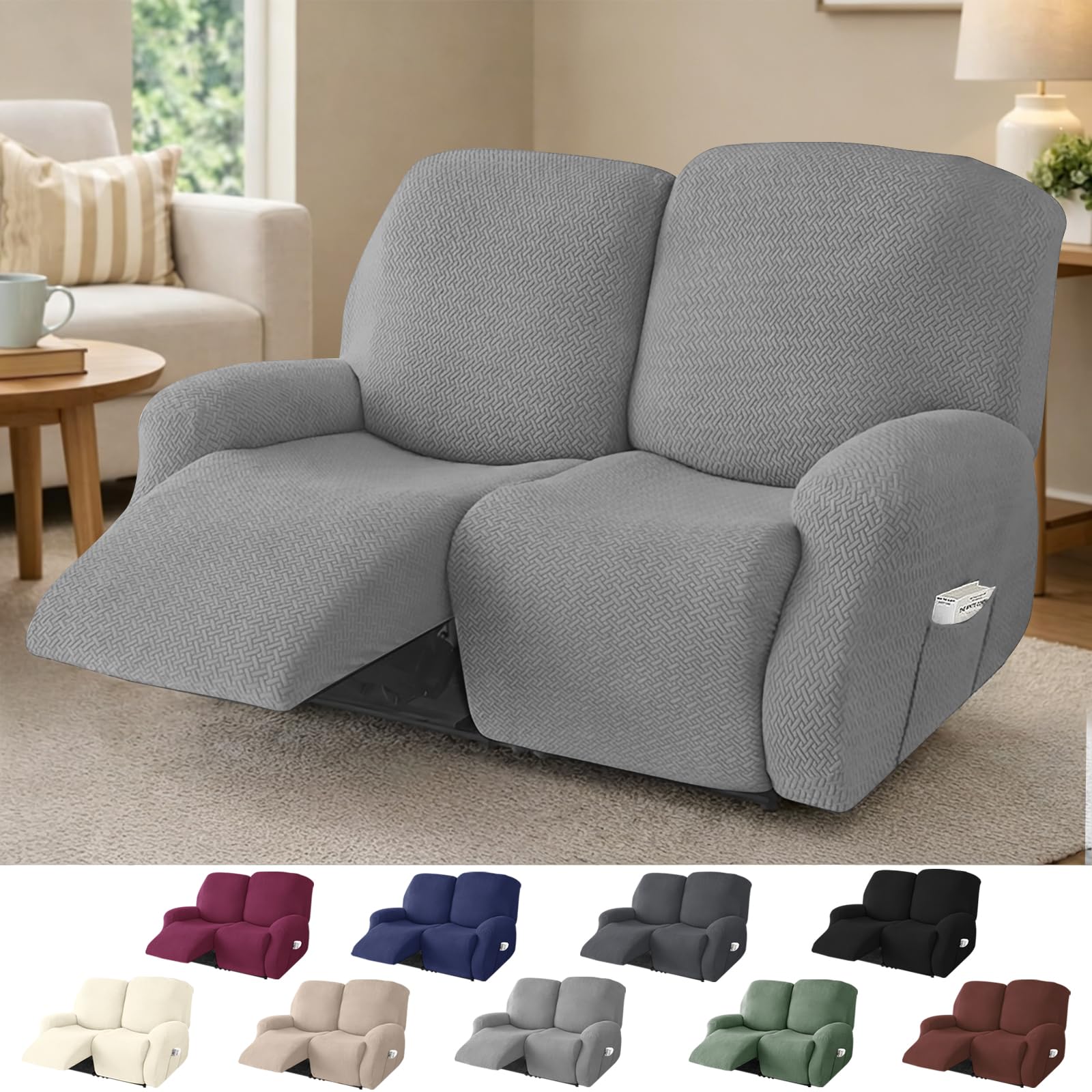 Housse Fauteuil Relax 2 Places,Housse de Fauteuil Extensible avec Poches, Housse Canapé Relax Jacquard Rayé Tout Compris, Protège Fauteuil pour Fauteuil Inclinable (Gris Clair, 6 Pièces)
