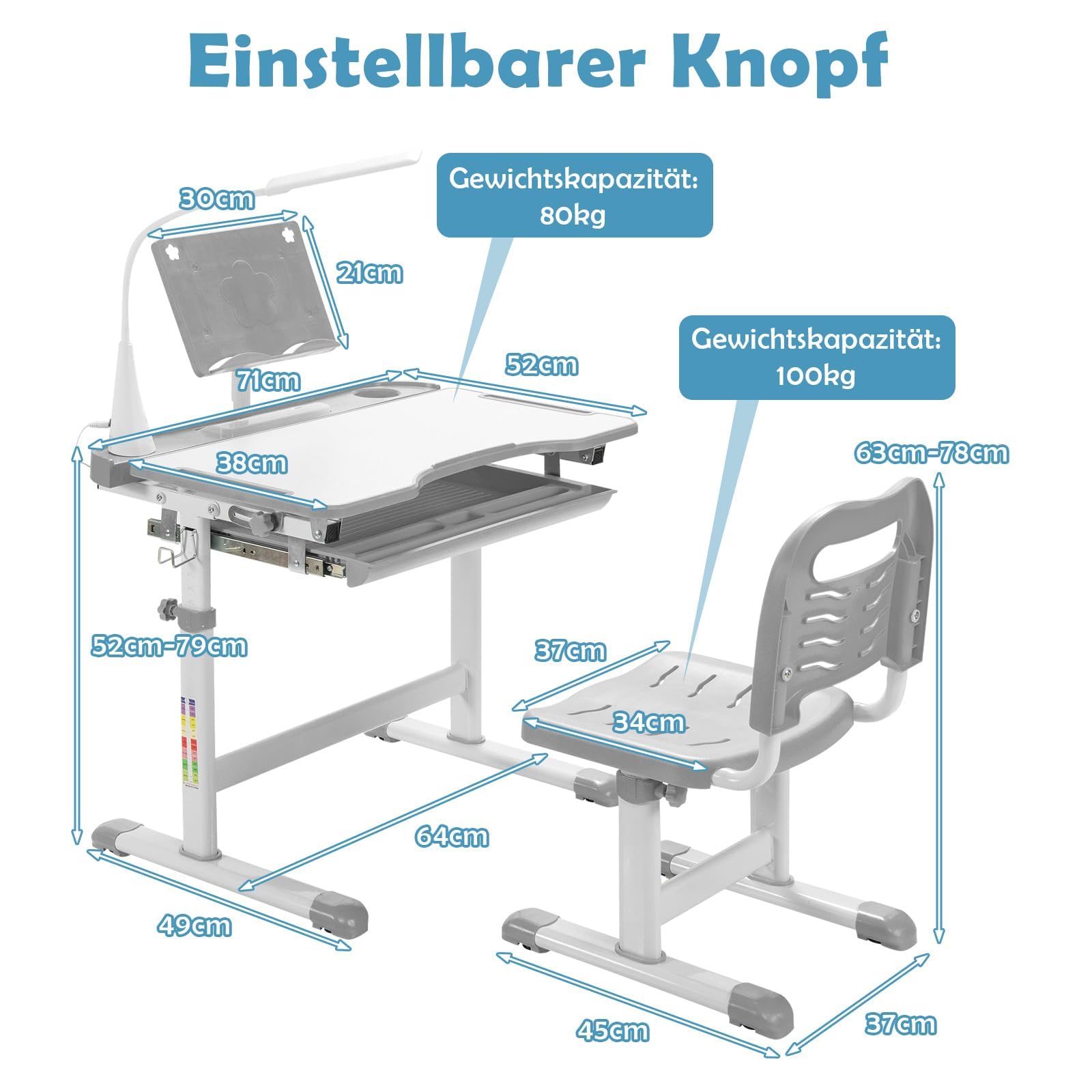 FANTASK höhenverstellbarer Kinderschreibtisch Set mit gekippter Tischplatte & Schublade & mit Bücherständer & LED-Licht, Kinder Schreibtisch (Grau)