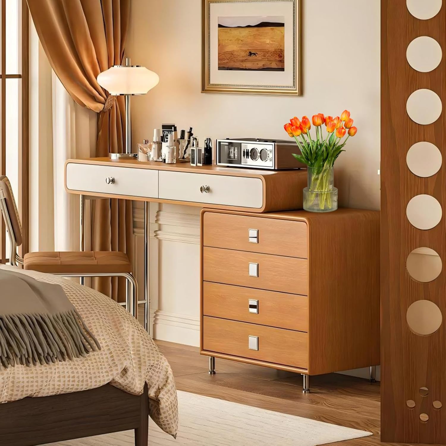 20 Pcs Real Touch Artificial Tulips with Vase, Large Faux Flower Arrangement in Heavy Fluted Glass, Bouquet for Dining Table Centerpiece, Home Office, Spring Decor, Set with Dust Bag (Orange)