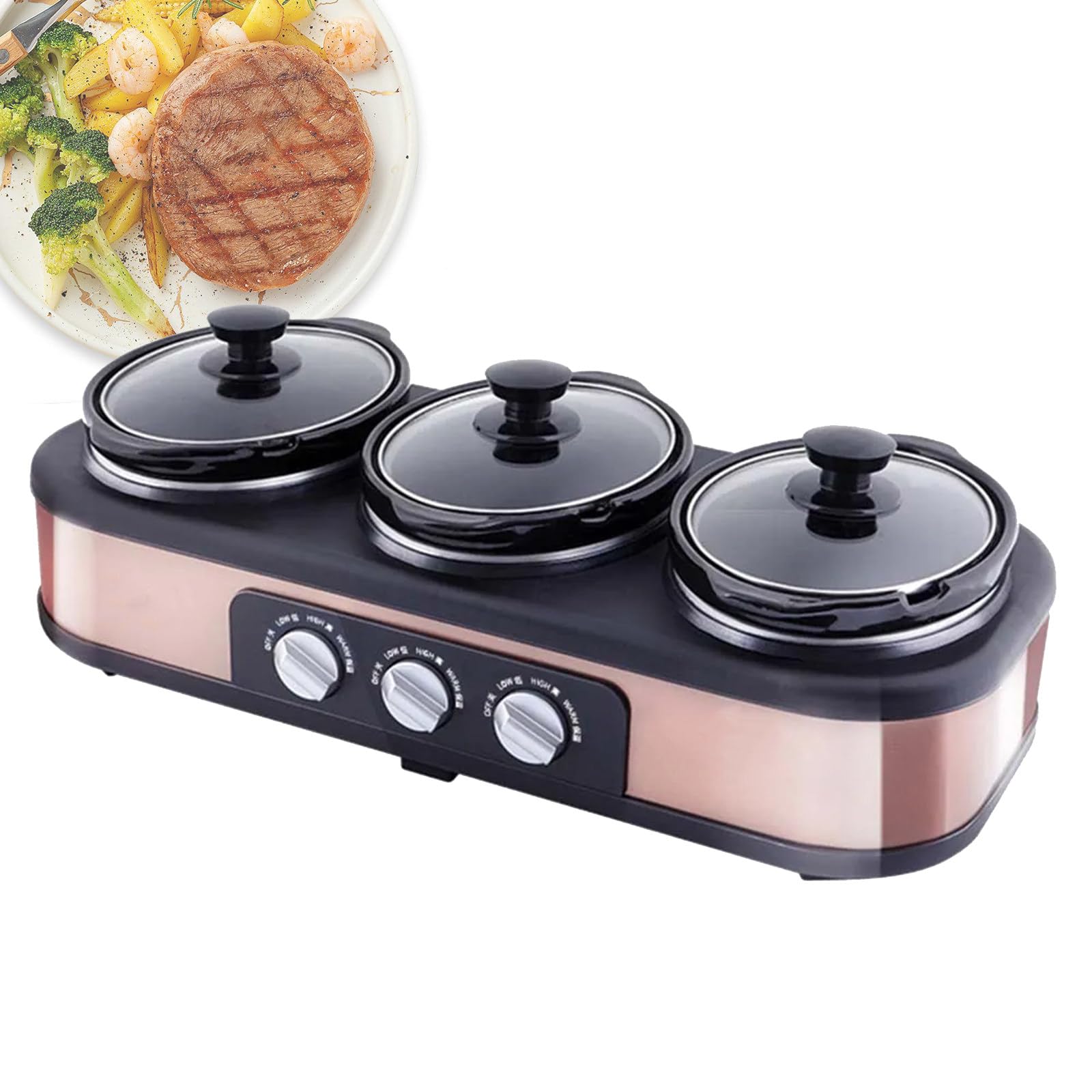Wolnowar kuchenny z niezależną regulacją temperatury, 3 poziomy siły ognia/1,5 l*3 o dużej pojemności, wielofunkcyjny wolnowar do gotowania owsianki/duszonego mięsa