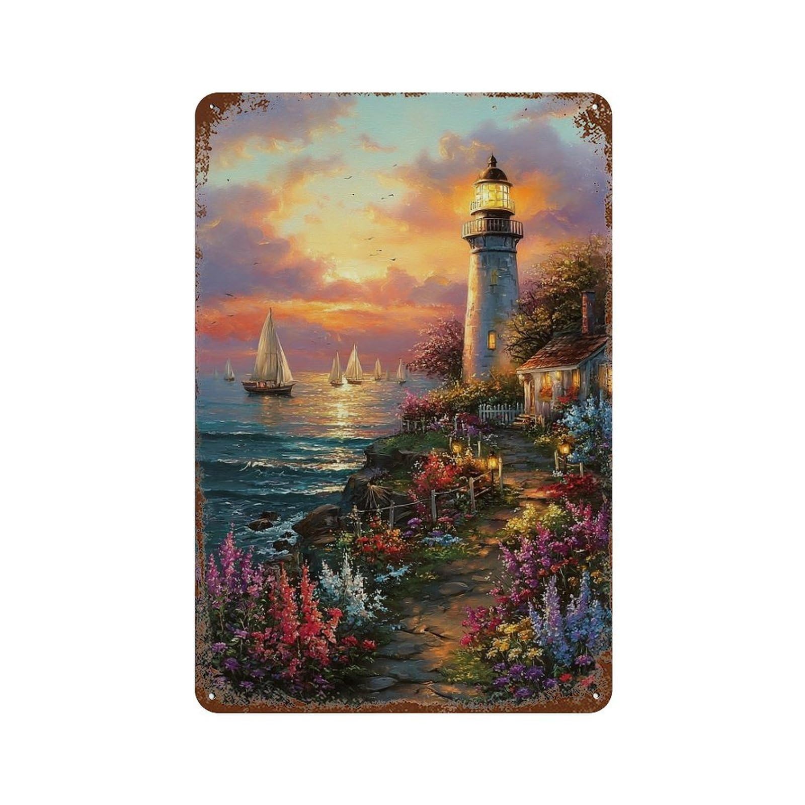 Lighthouse Sunset Coastal Scene 11.8"x7.9" Rust Effect Tin Sign, Vintage Wall Decor for Farmhouse, Kitchen And Entryway Decor