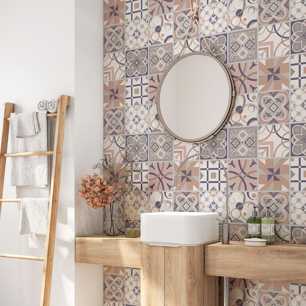 Lumalea Adesivo adesivo per bagno, motivo piastrelle di cemento 3617689816265, adesivo + protezione lucida, 90 x 90 cm