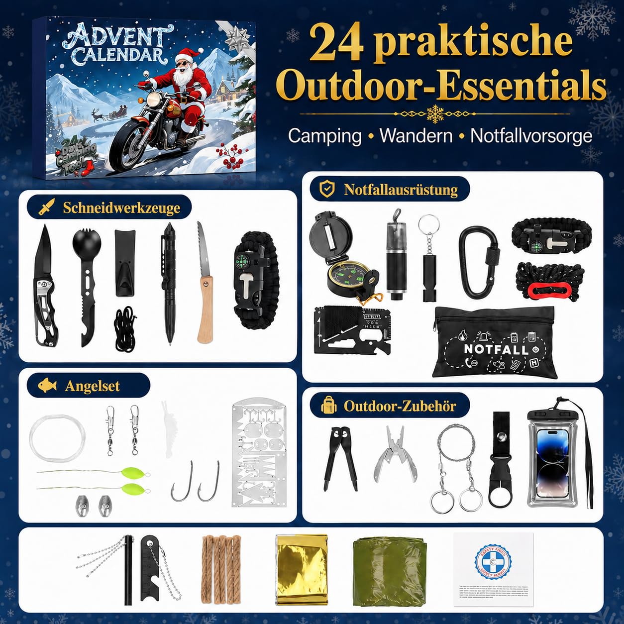 Calendario de Adviento para hombres 2026-24 días, kit de supervivencia y gadgets al aire libre, juego de supervivencia de cuenta atrás de Navidad para camping y senderismo, regalo para papá