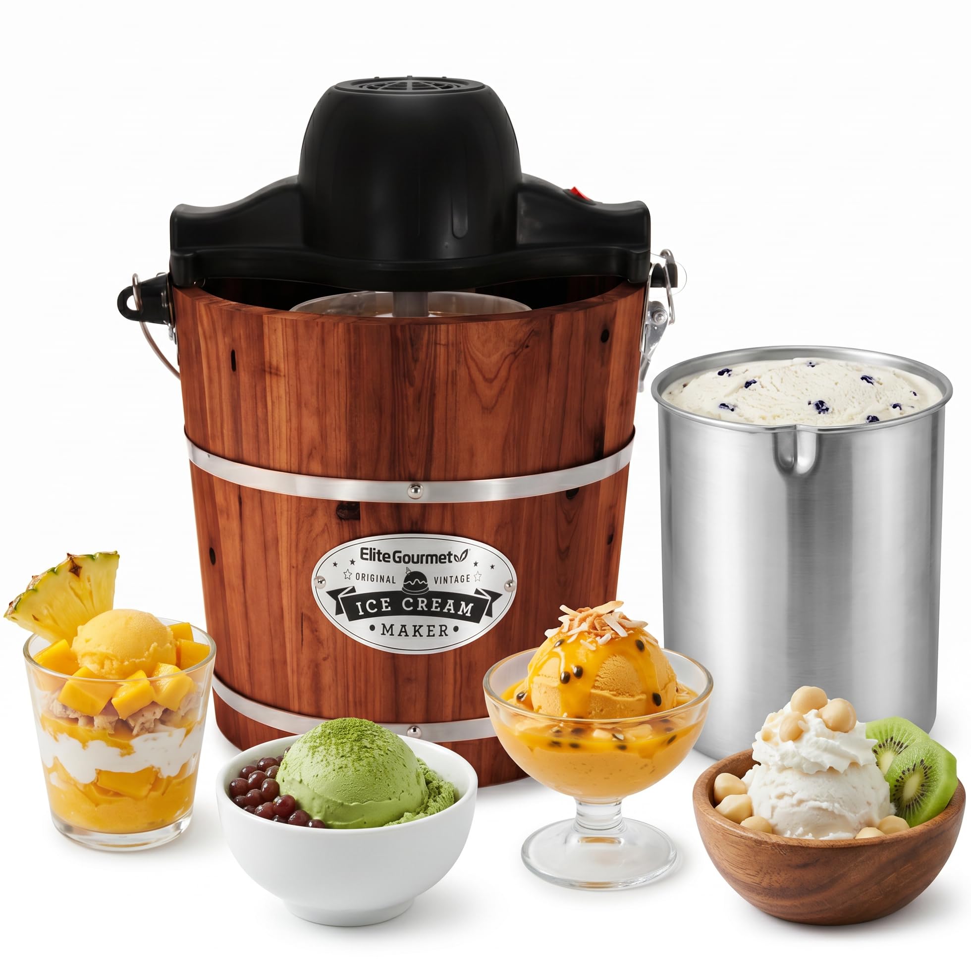 Elite Gourmet EIM418 Classic Walnut Wood Bucket 4 Quart Electric Ice Cream Maker Machine Use Ice Cream and Rock Salt in Minutes-image-22