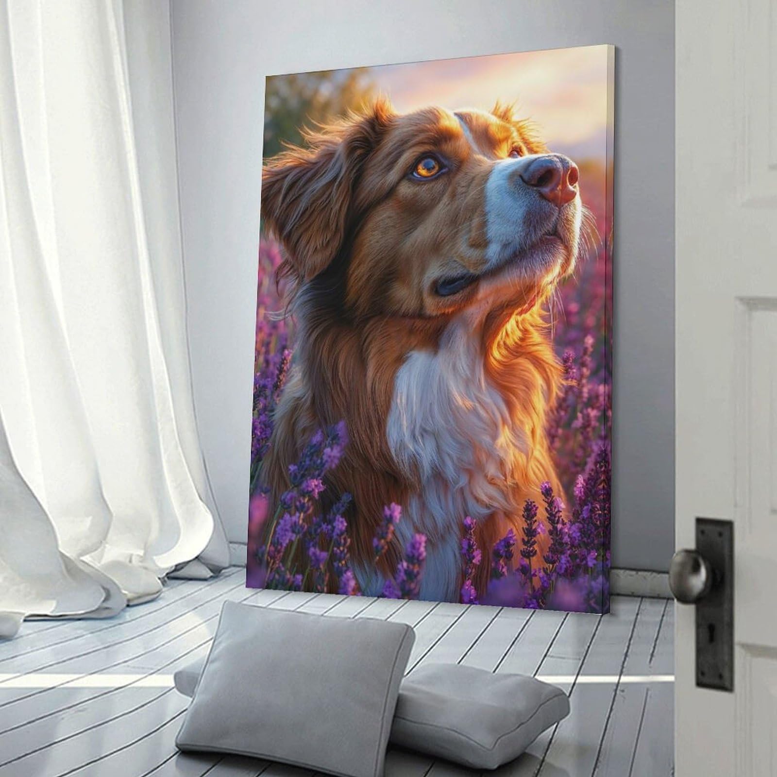 Junmoney Frame-Style-2 Dog In Lavender Field Portrait Room Decor Wall Art 20X30inch(50X75cm), For Lounge Decor, Offices Or Entryway Styling, A Flexible Wall Accent For Shared Spaces
