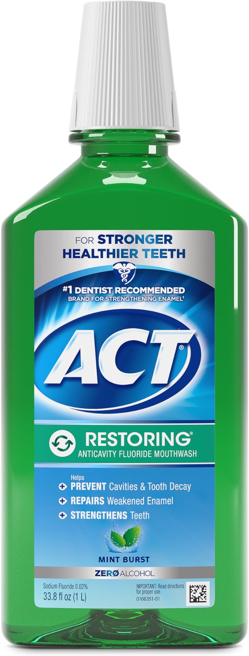 Restoring Zero Alcohol Fluoride Mouthwash 33.8 fl. oz. Strengthens Tooth Enamel, Mint Burst