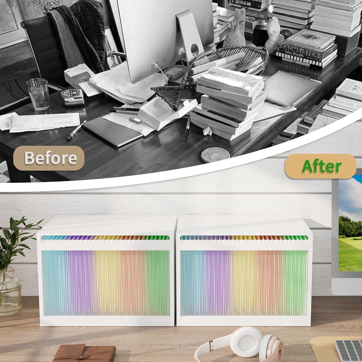Bamboo Hanging File Boxes with Lids 2 Pack, File Organizer Box for Letter/Legal File, File Box with Hanging Folders Acrylic Light Easy Assembly File Storage Boxes for Office Home, White