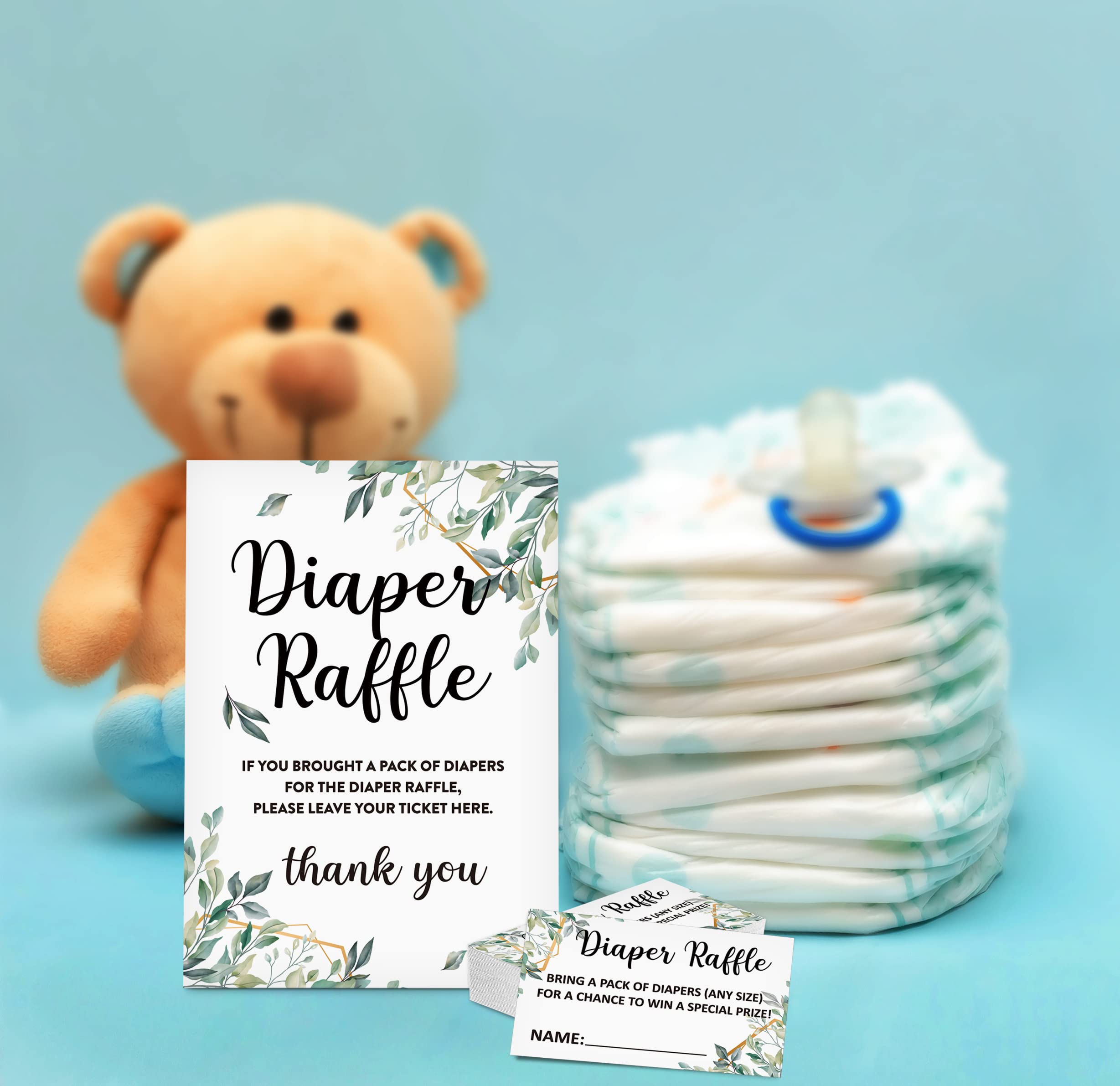 Juego de rifa de pañales para baby shower (1 letrero de pie + 50 tarjetas de adivinación), boletos de rifa de pañales para baby shower, papel dorado para decoración de fiesta de baby shower, A04