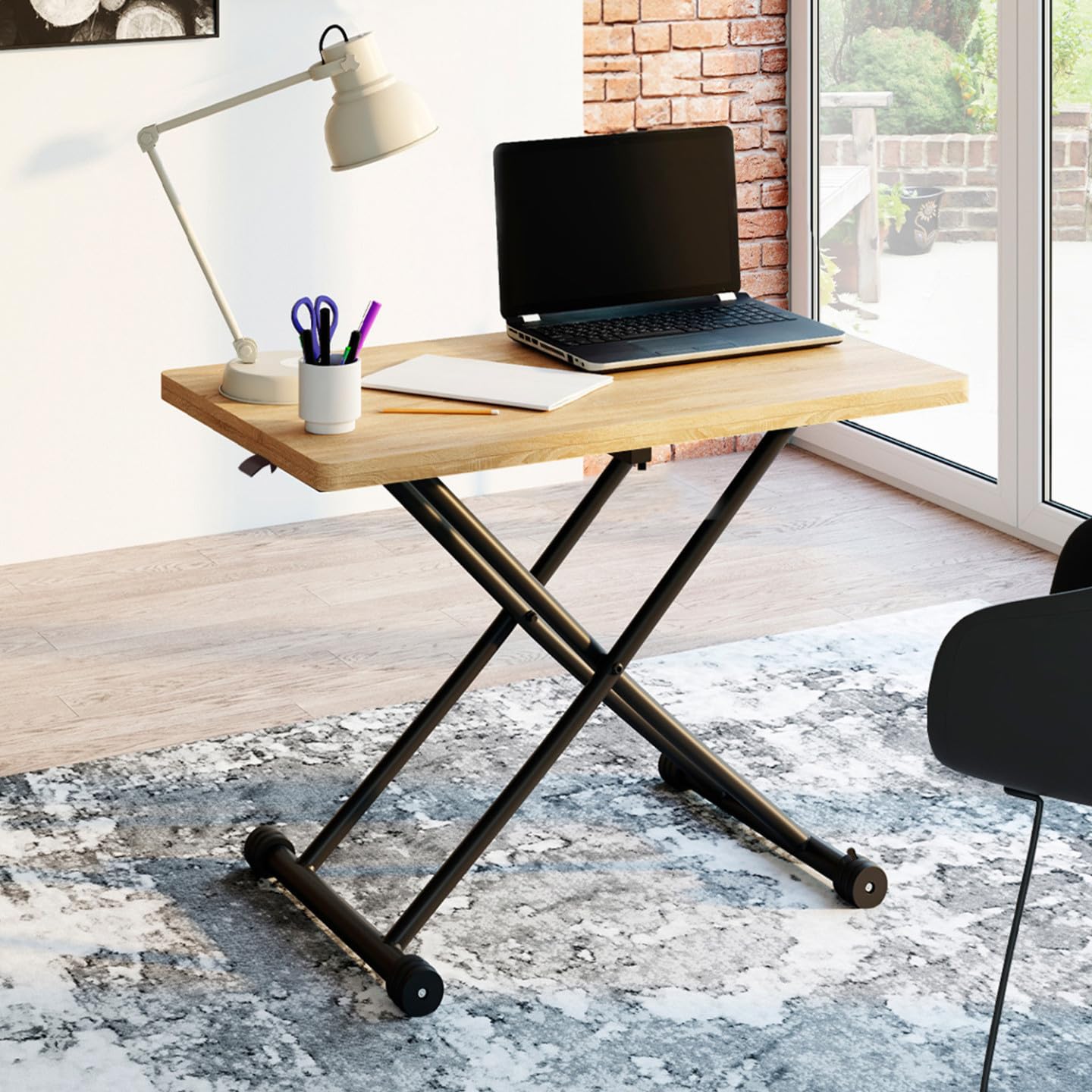 IDMarket - Table Basse Extensible relevable en Table à Manger rectangulaire Urbana Plateau façon hêtre Pied Noir Design Industriel