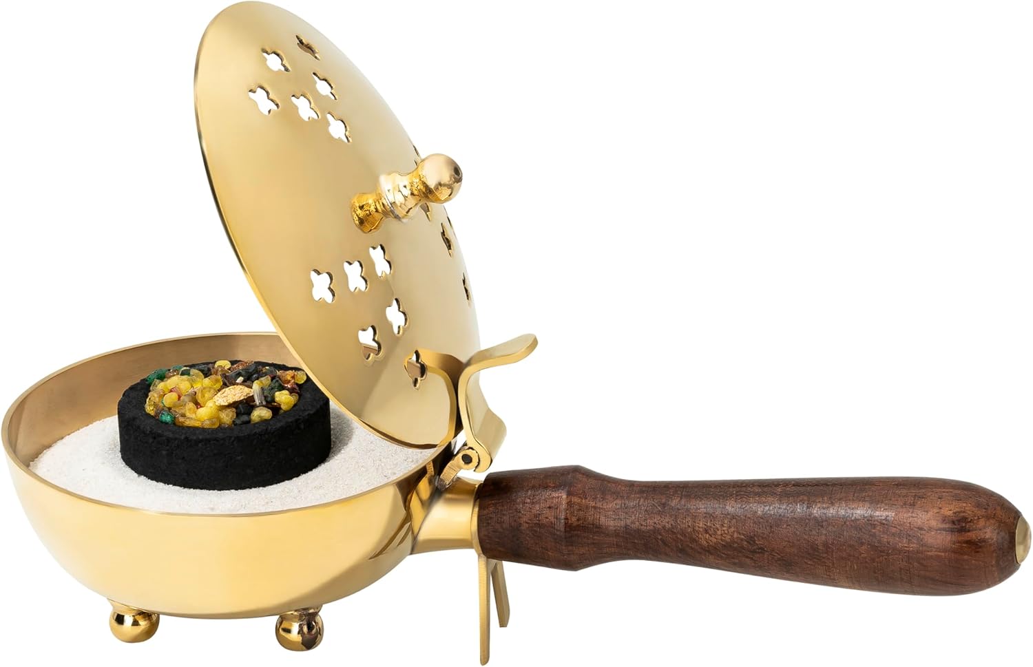 Brass Charcoal Incense Burner with Wooden Handle – 8×4 Inch Incense Pan with Hinged Lid – Handmade in India – MaMeMi