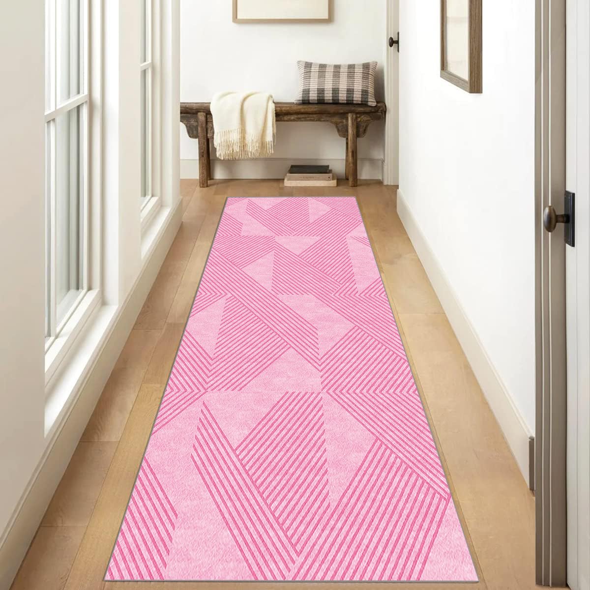 Extra Langer Teppich Läufer Lang Flur Küche rutschfest waschbar 120x420cm Rosa Teppichmatten Küchenläufer Schmutzfangmatte Küchenteppich Meterware Esszimmer Schlafzimmer