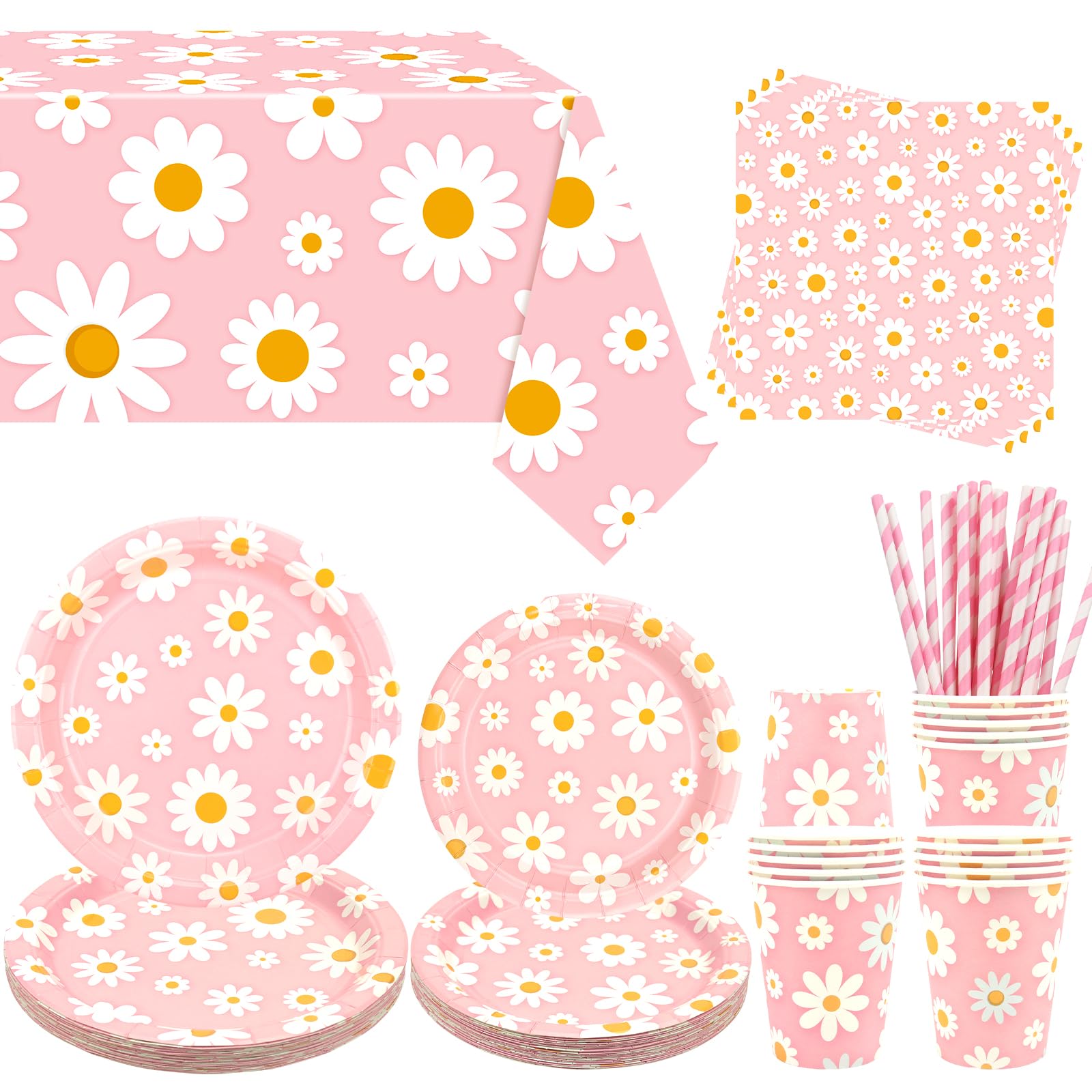 Obussgar Daisy Party Decoration - Daisy Birthday Party Tableware Supplies Includes Plates, Cups, Napkins, Tablecloth, Straws - Serves 20 (Pink)