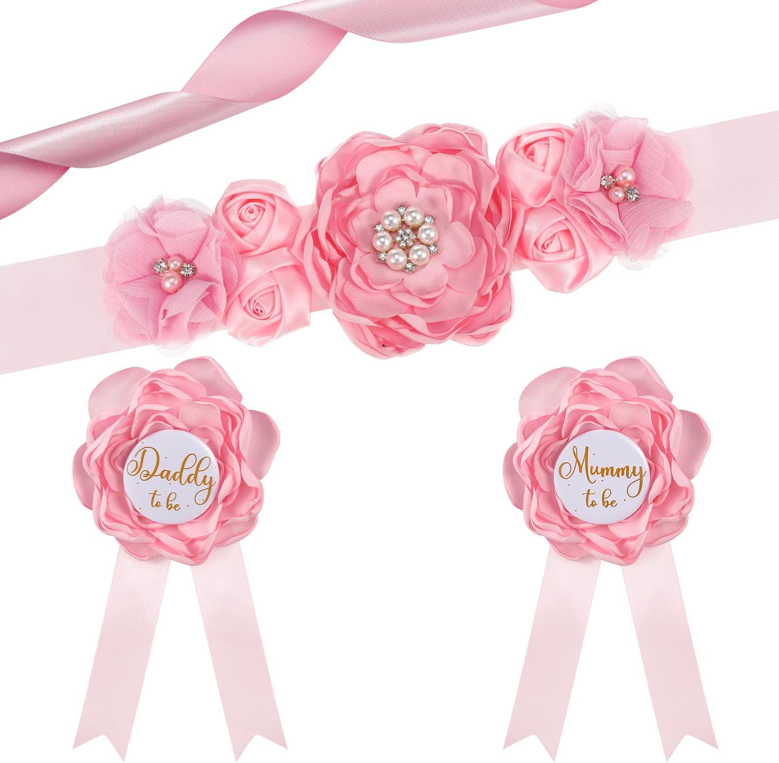3 Packs Baby Shower Decorations Maternity Sash Mummy to Be & Daddy to Be Corsage Pin Set Baby Shower Maternity Photography Gifts Pregnancy Flower Belly Belt Baby Welcome Party Gifts