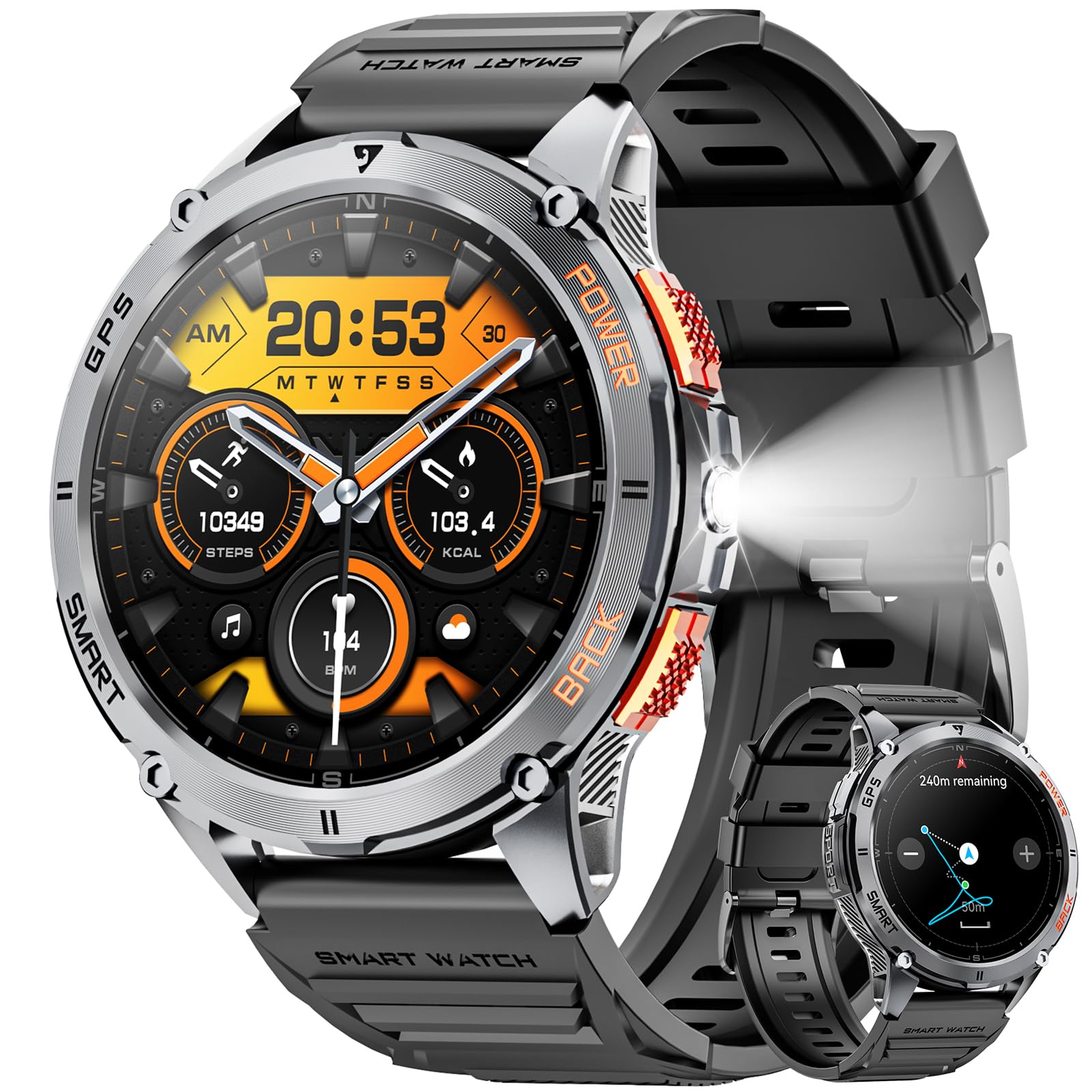 Joautrial Military Smart Watch for Men with GPS, 1.43" AMOLED Bluetooth Call Smartwatch with LED Flashlight, Rugged Smart Watches for Android iOS, IP68 Waterproof Fitness Tracker with Heart Rate