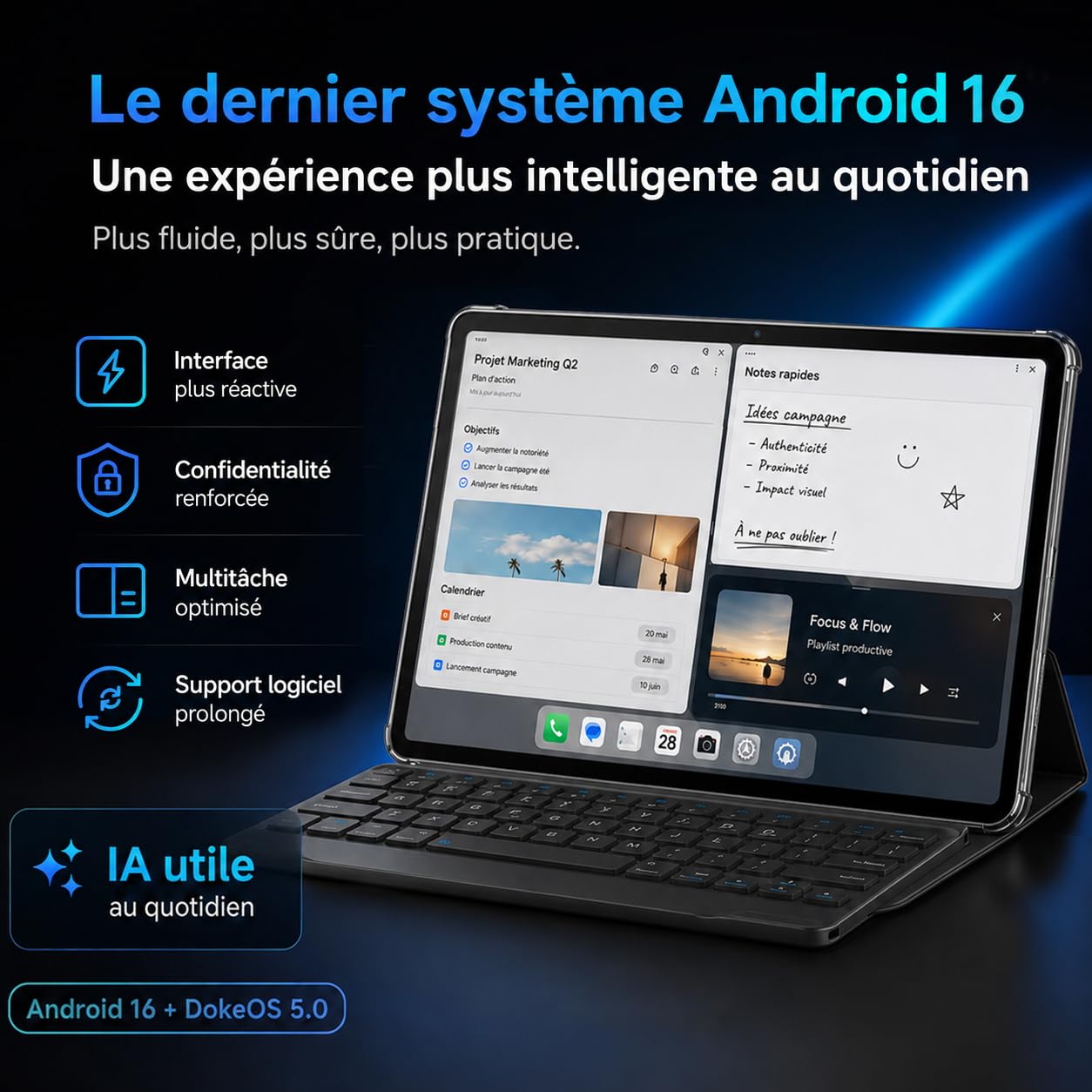 Tablette Android 16 13.4 Pouces 2K FHD+ 120Hz, 24Go+256Go(TF 2To), Octa-Core, Tablette Tactile avec Clavier et Souris, 8300mAh/18W, 16MP+8MP, Widevine L1/Gemini AI/Faciale ID/GPS, Garantie 3 Ans 1PCS