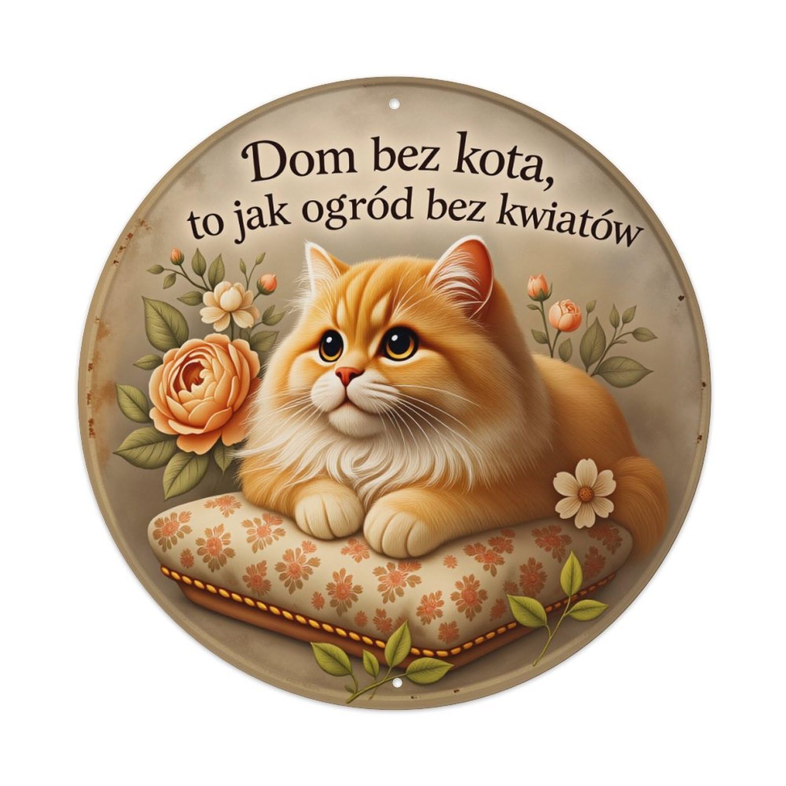 Floral Cat Pillow Pattern Print Round Tin Sign Vintage Style Metal Sign Home Bar Garden Wall Plaque Decor Metal Poster 8x8 Inch