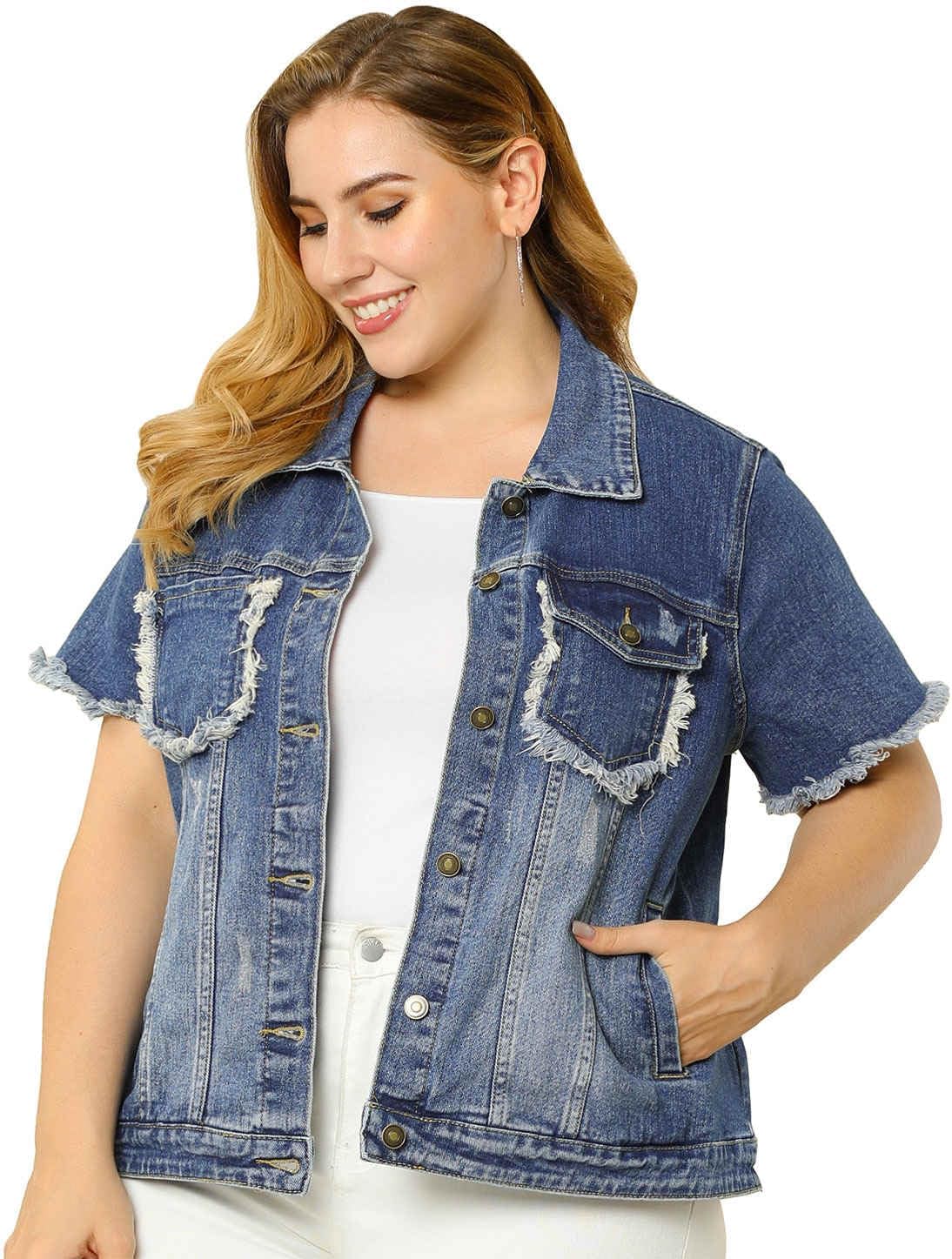 Agnes Orinda Plus Size Women's Denim Jackets Button Washed Frayed Jean Short Denim Jacket 2024 Summer