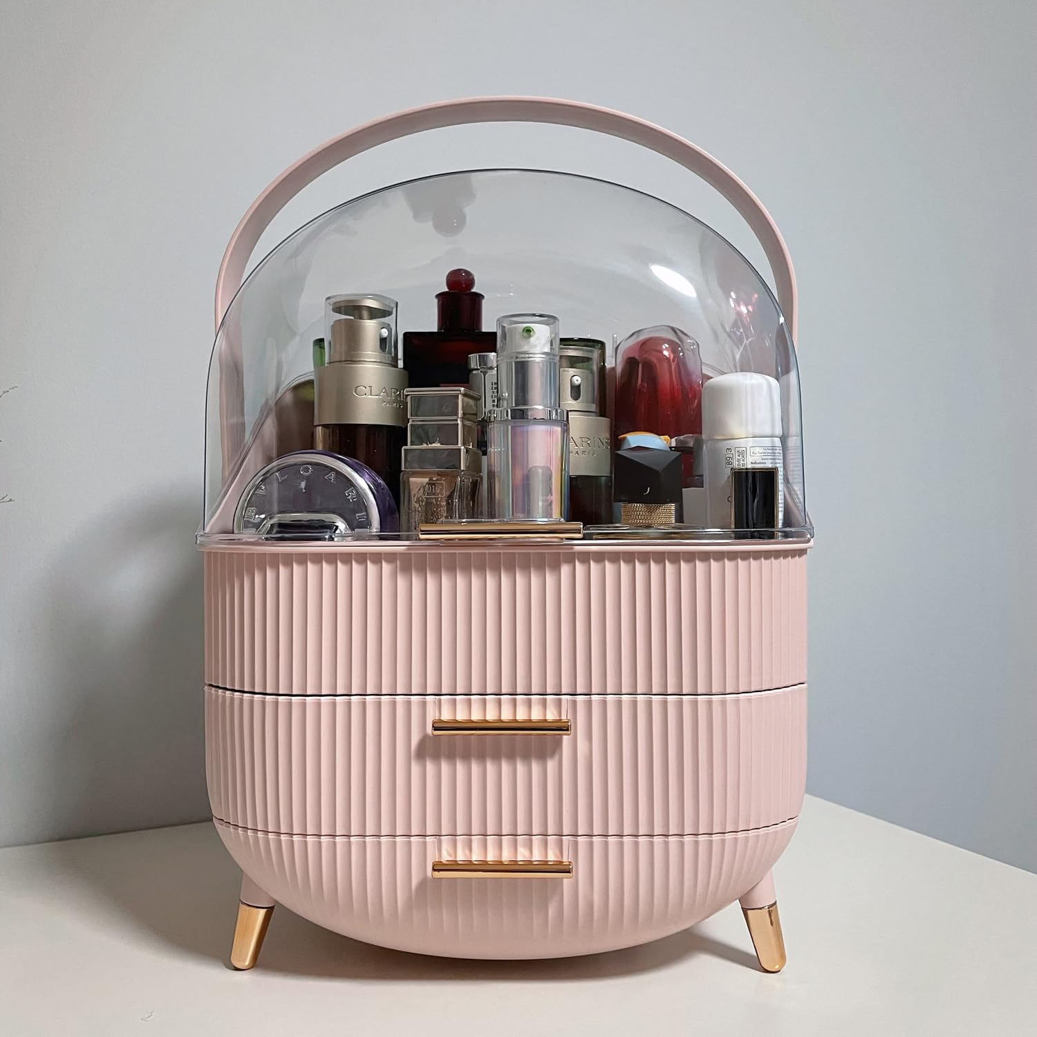Kousee - Organisateur de maquillage avec couvercle transparent, tiroirs pour soins de la peau, porte-beauté pour salle de bain, coiffeuse, résistant à la poussière et étanche, rose