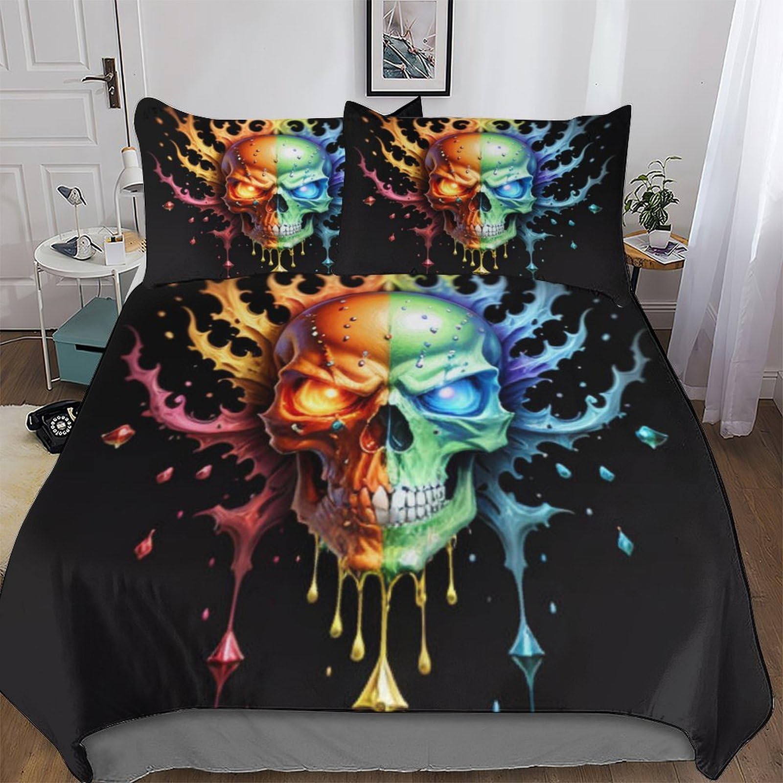 Linge de lit crâne 3D comprenant housse de couette double microfibre et taies d'oreiller