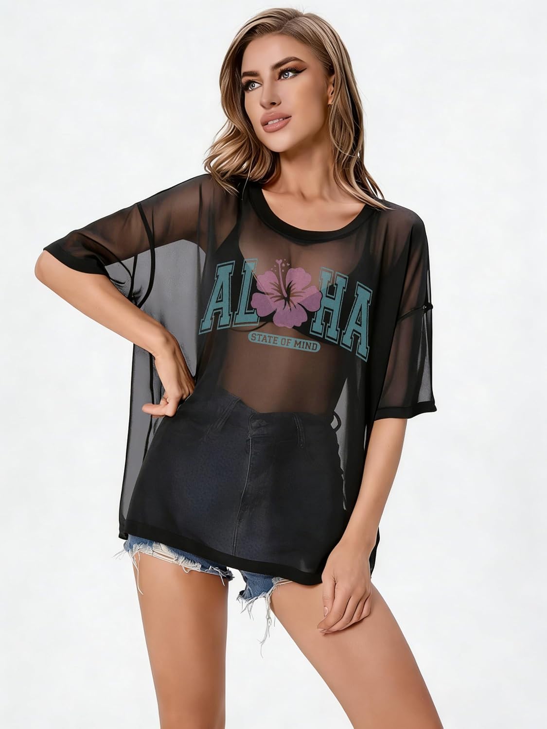 FRYAID Swimsuit Cover Up Women See Through Oversized Shirt Hawaii Swimwear Vacation T-Shirt Sheer Mesh Summer Beachwear Tee - Image 8