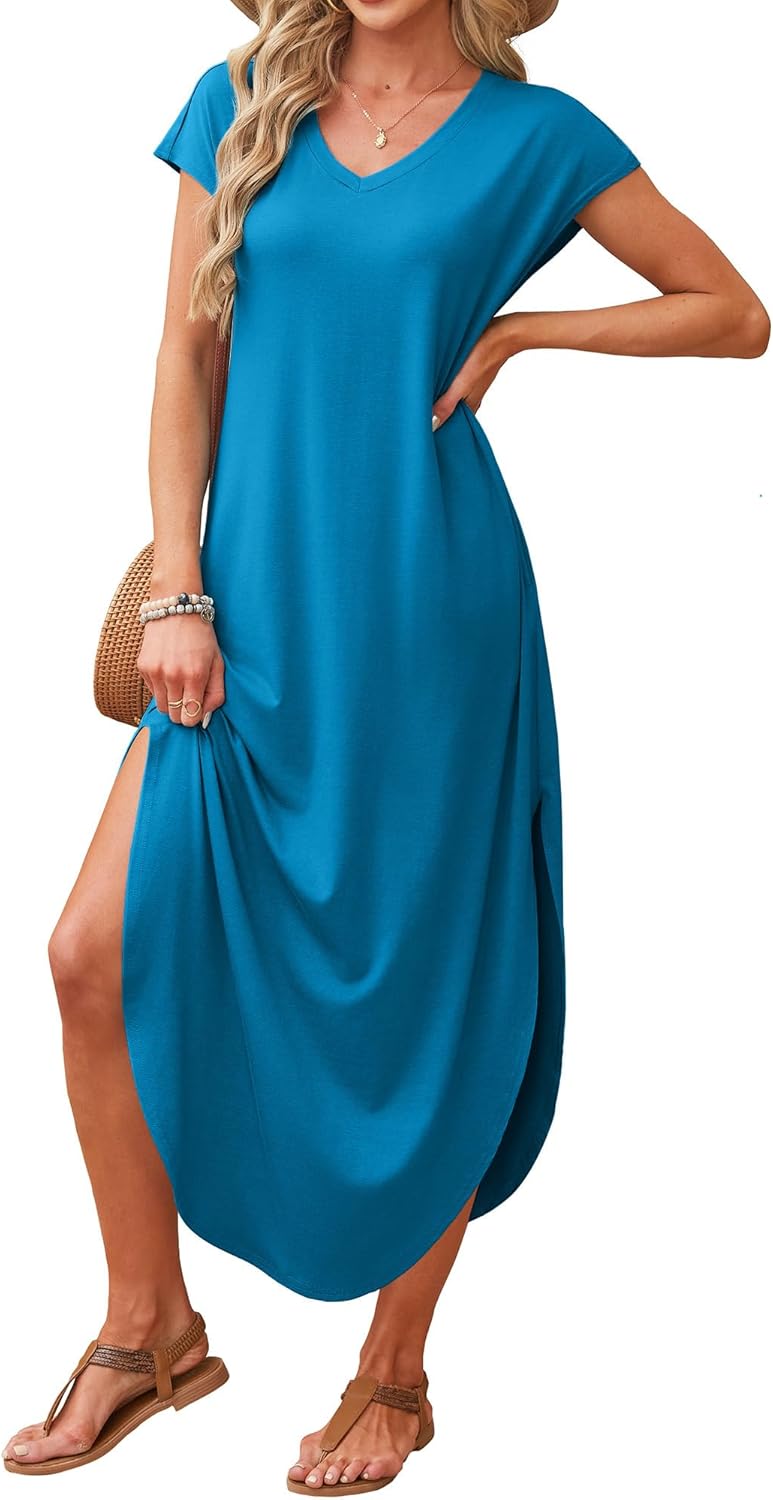 RUMIA Summer Casual Maxi Dresses for Women- Women's V Neck Cap Sleeve Long Sundress with Pockets Beach Vacation - Image 3