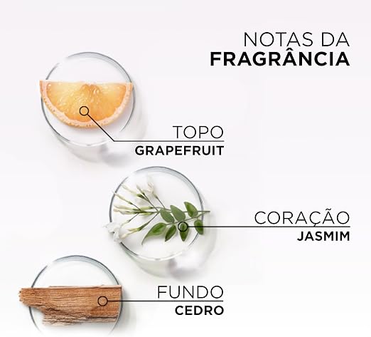 Diagrama das notas olfativas do produto com grapefruit no topo, jasmim no coração e cedro no fundo