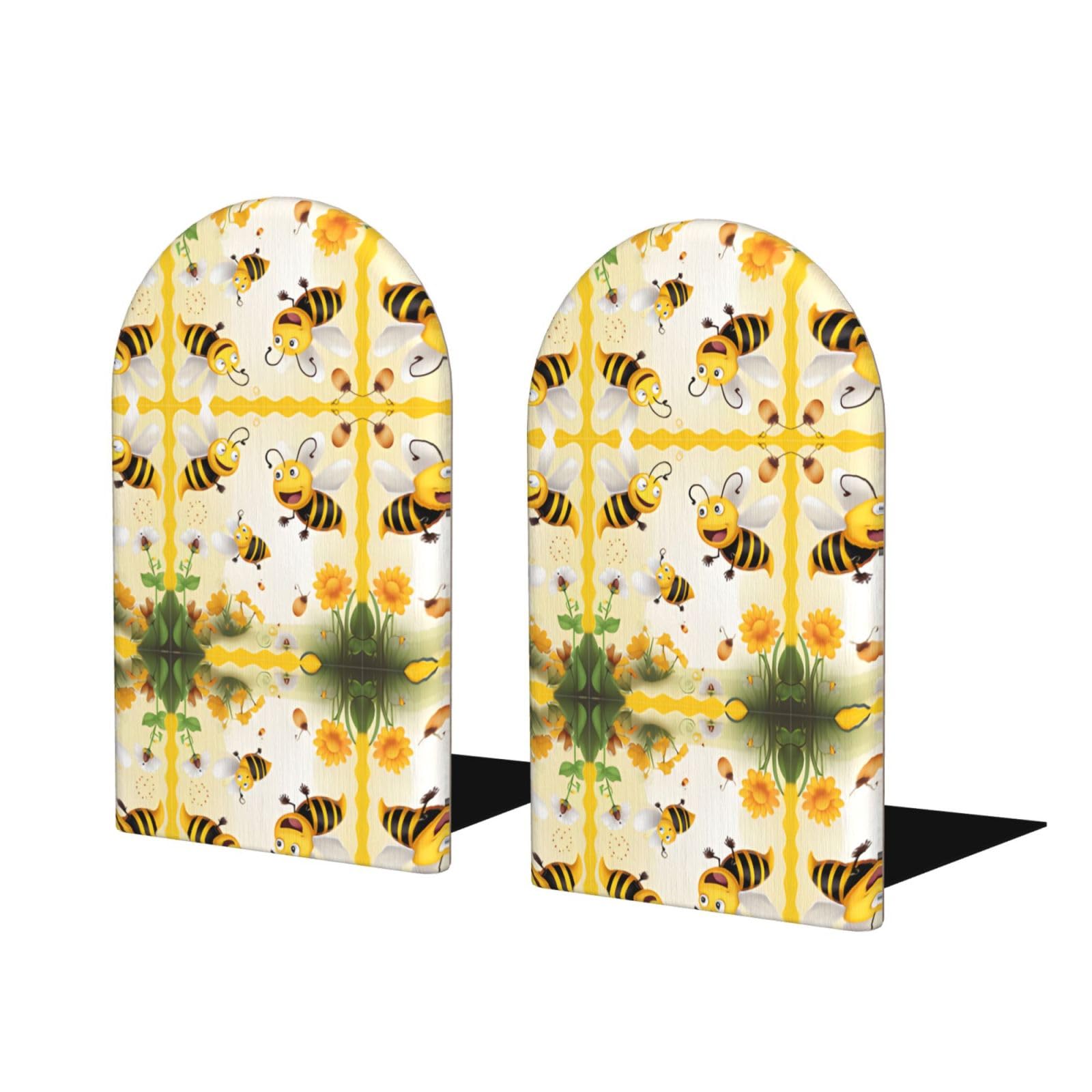 Flying Bees Stylish Bookends with Full-Print Design Durable Wooden and Metal Bookend Set for Home, Office