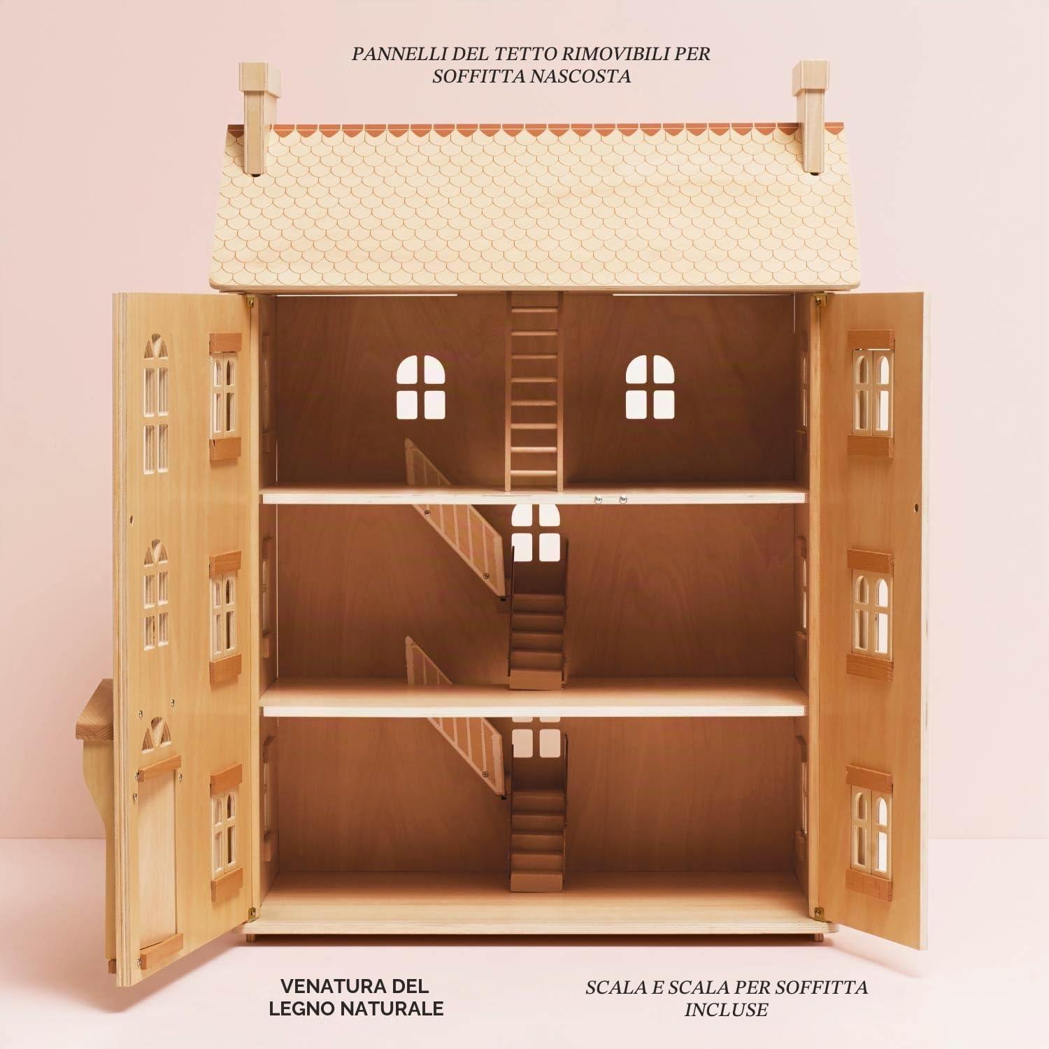 Casa delle Bambole in Legno Naturale FSC - 4 Piani con Finestre e Porte Apribili - Gioco di Ruolo e Fantasia per Bambini