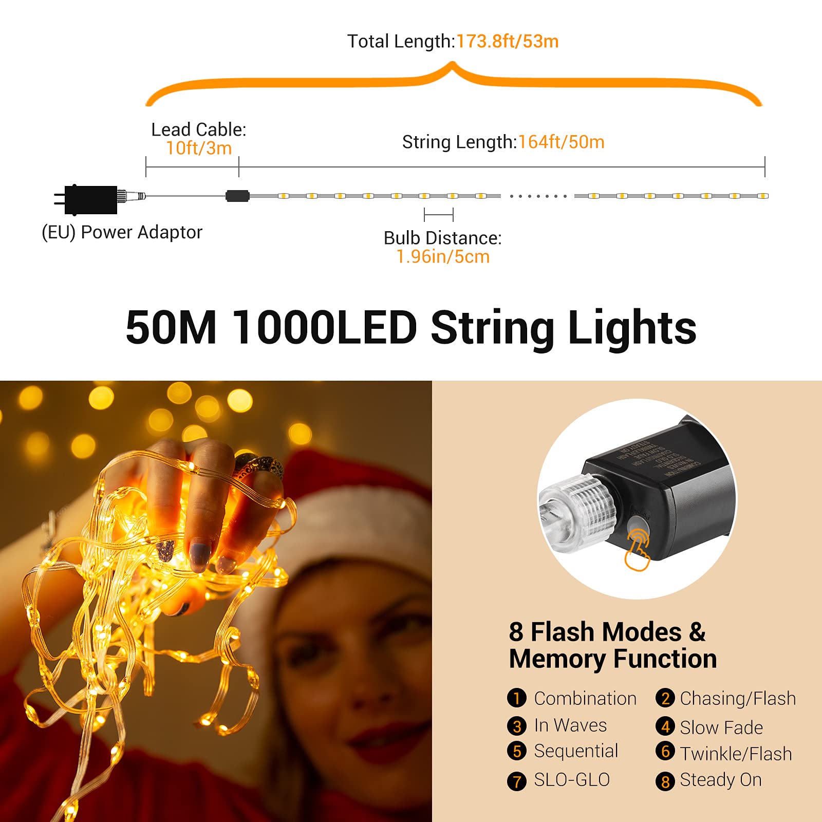 GlobaLink Tubo LED Navidad Exterior 1000LEDs 50M, Manguera de Luces IP44 Impermeable, Tira Luces de Cable PVC, 8 Modos para Decoración de Jardín,Terraza,Casa-Blanco Cálido