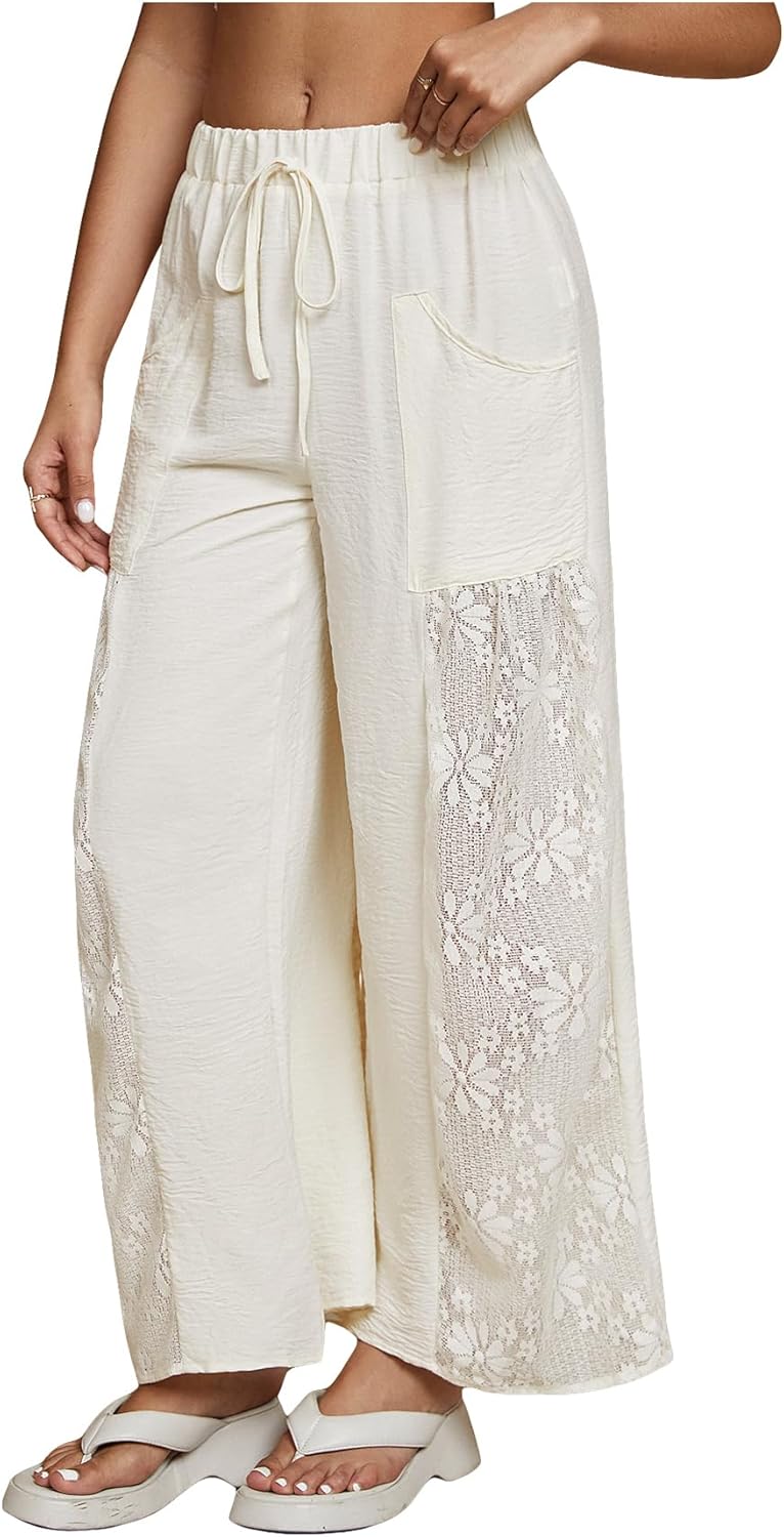 OYOANGLE Women's High Waisted Drawstring Palazzo Pants Contrast Lace Sheer Wide Leg Trousers with Pocket