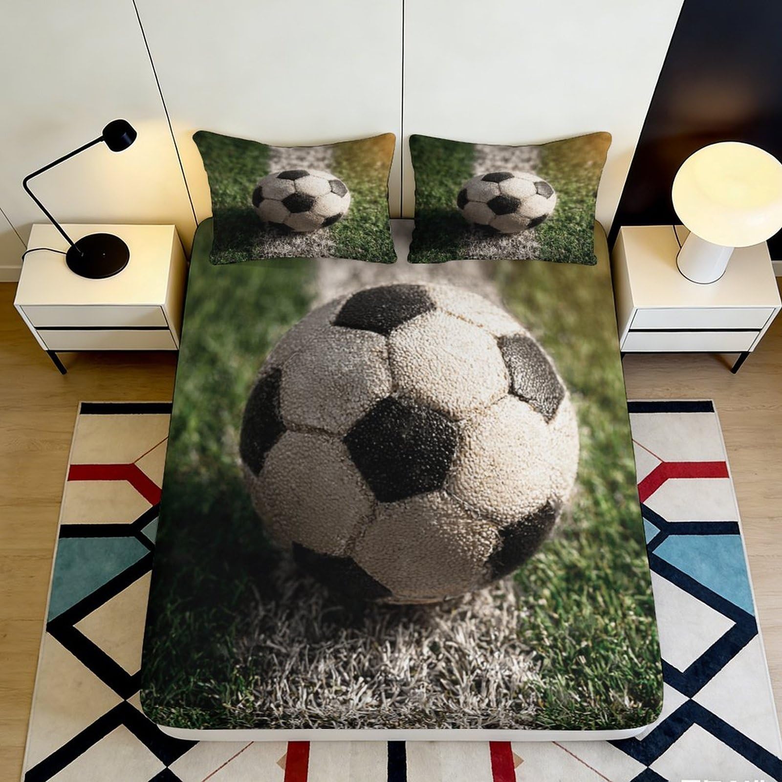 3D Printed Soccer Ball Fitted Sheet Microfiber Soft Anti-Slip Grass Field Bed Cover for Bedroom Dorm Mattress Protection Decor 90x200x25cm
