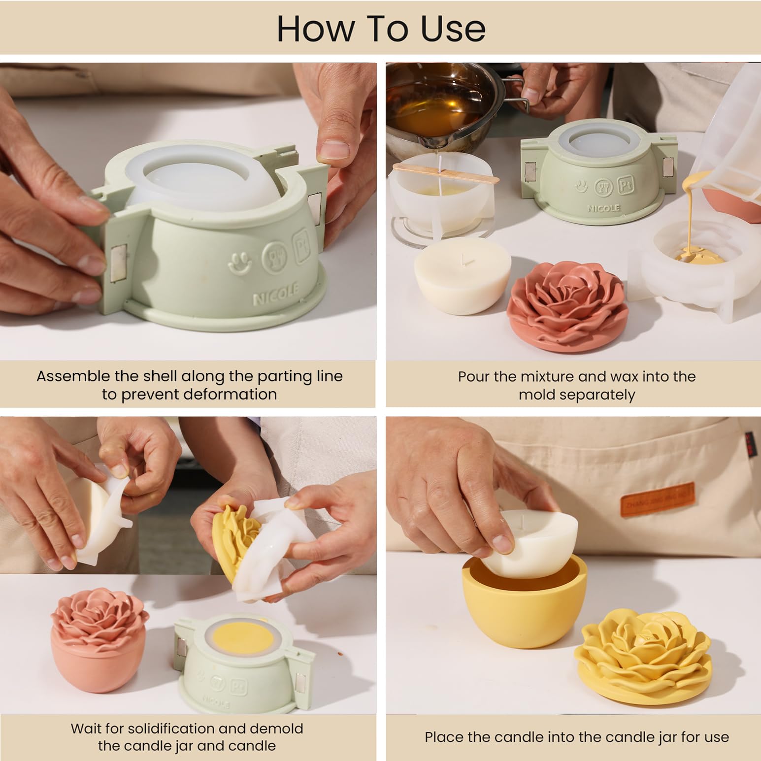 BOOWAN NICOLE Tarros para velas con tapa de flor de rosa y moldes de silicona de 70 ml para rellenar velas Jesmonite, candelabro de yeso para hacer velas artesanía (SH1074+LZ0698)