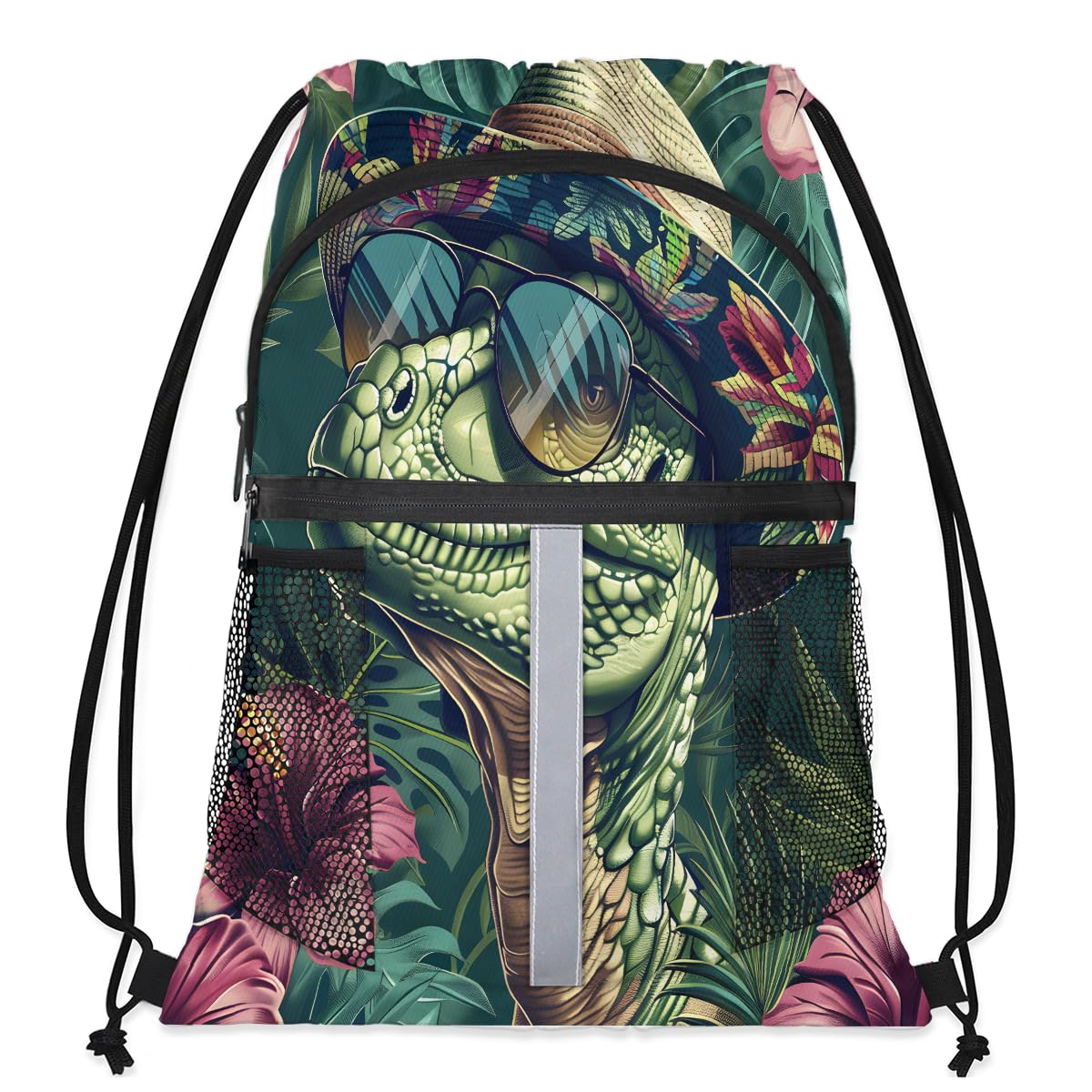 Adornori Dinosaur Drawstring Backpack with Water Bottle Pocket Lightweight String Bag Dinosaur Jungle Funny Sports Gym Swim Sackpack for Men Women