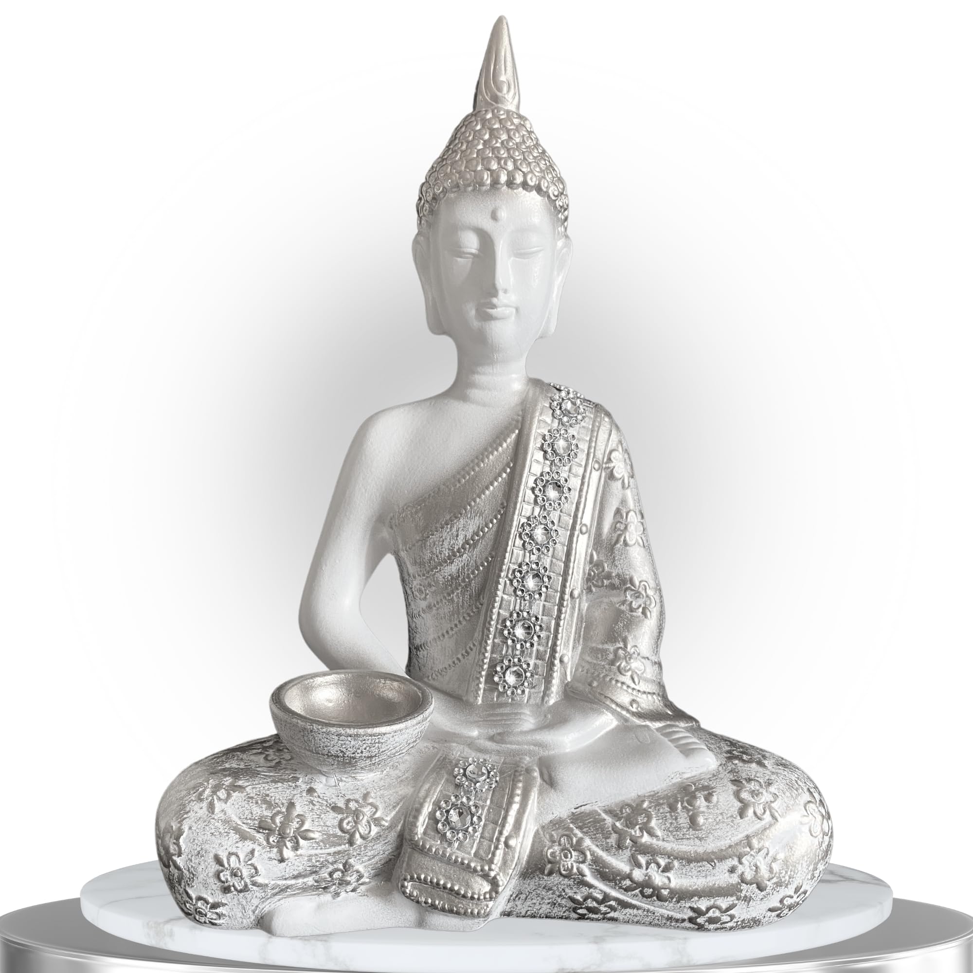 RISSLI Figura de Buda Meditacion, Decoracion hogar Salon 33x23cm,Decoracion para Interior o Exterior, Figuras budas para Centro de Mesa Decorativo Salon y Jardin Zen, espirituales (Plateado)