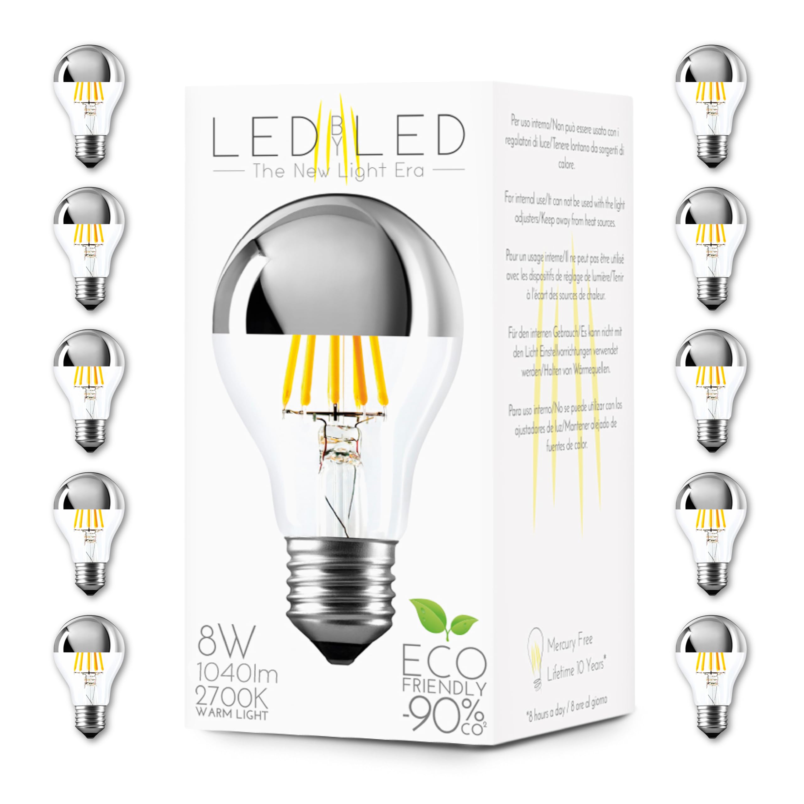 Glühbirne Tropfen Spiegel 8W entspricht 80W, E27, Glas Spiegel-Transparent Silber Top, 2700K Warmes Licht, gerader LED-Glühfaden, 1040 Lumen, 10er-Pack