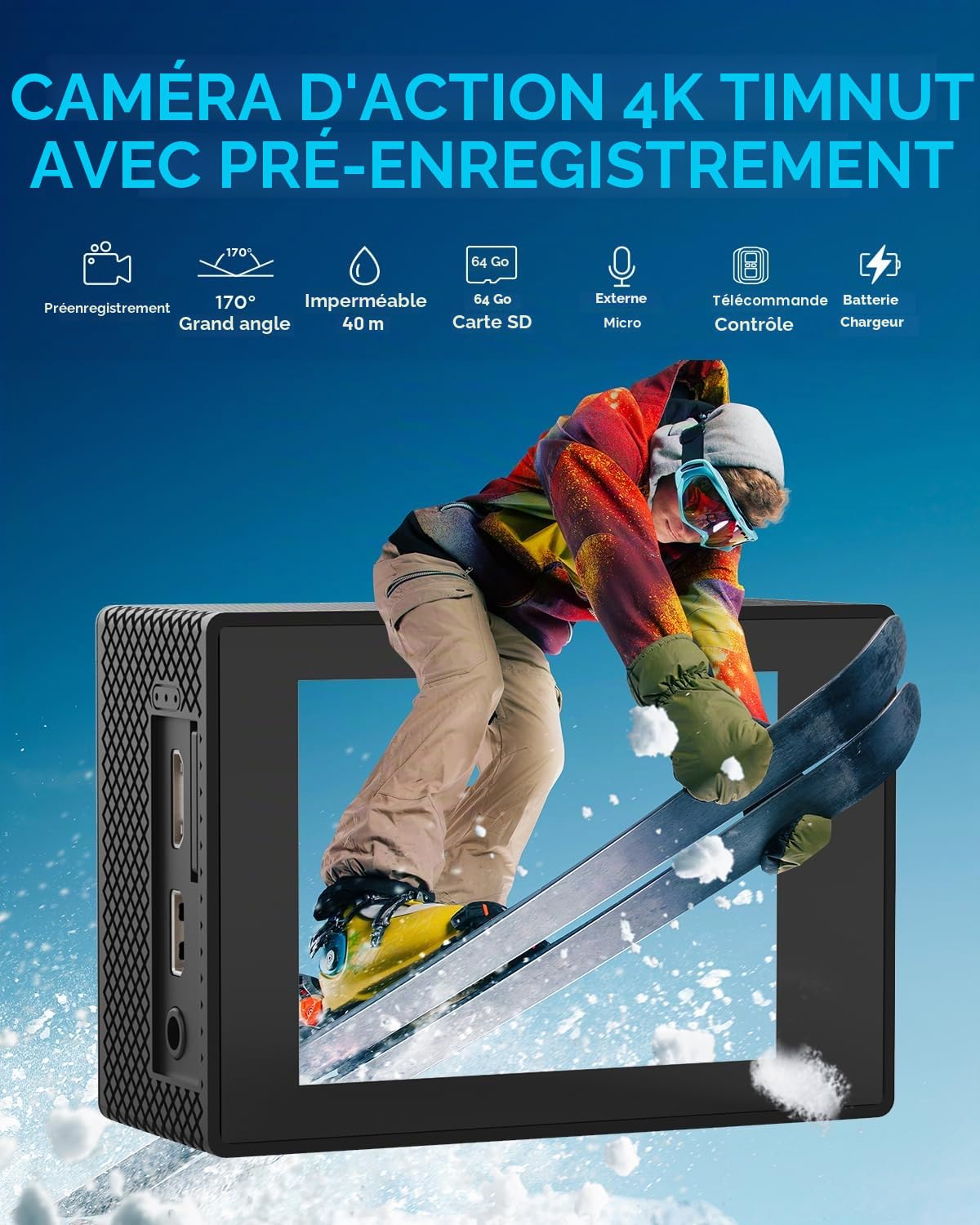 Caméra d'action 4K30fps avec carte SD 64G, caméra HD étanche 40 m caméras sous-marines 20 MP pré-enregistrement WiFi caméra 170 ° télécommande caméras de sport avec 2 batteries kit d'accessoires pour