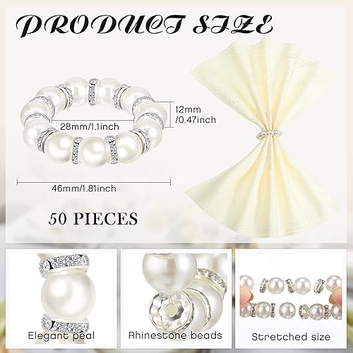 Miniatura 2 de 50 servilleteros de perlas  plata elástica estirada con diamantes de imitación de serviette hebilla de resorte con cuentas para fiesta de Acción de