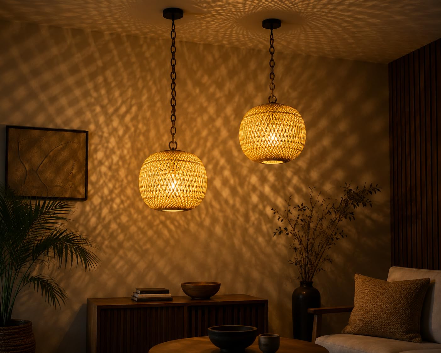 Bamboo Lamp Shade | Pendant Lamp | Boho Lamp Shade | Cane Lampshade | Rattan Lamp Shade | Hanging Light for Home Office/Living Room/Hotel/Cafe/Restaurant | Color-Beige/Size-22x22 Cm/Pack of- 2-image-27