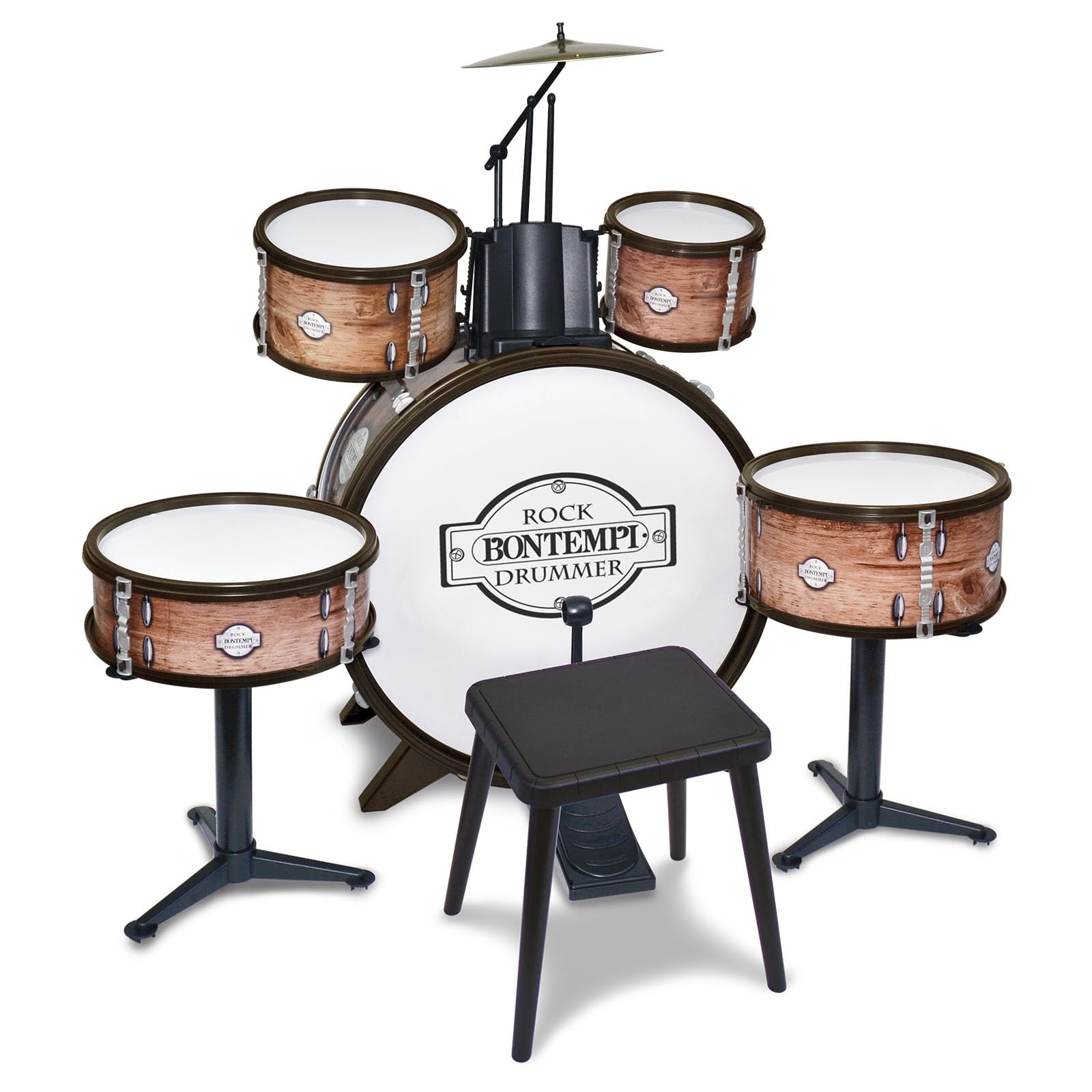 Bontempi | Batteria Grancassa 6 Elementi con Sgabello e 2 Bacchette, Suono Realistico, 700x400x800mm, Gioco Musicale per Bambini 5+