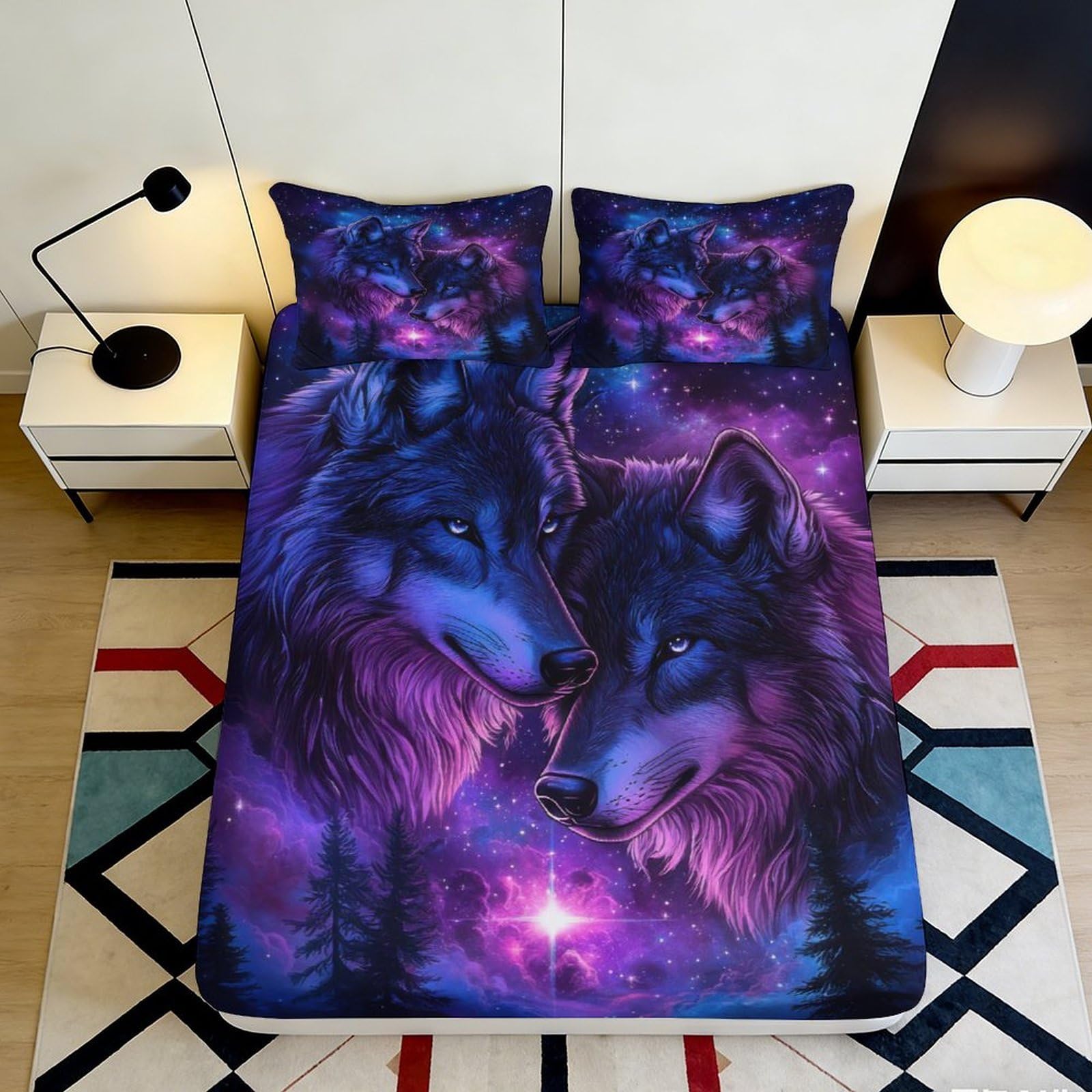 Pnayamiorkfel Style-8 3D Printed Galaxy Wolf Fitted Sheet Microfiber Soft Purple Blue Cosmic Nebula Mattress Cover For Bedroom Dorm Decor 90X200x25cm