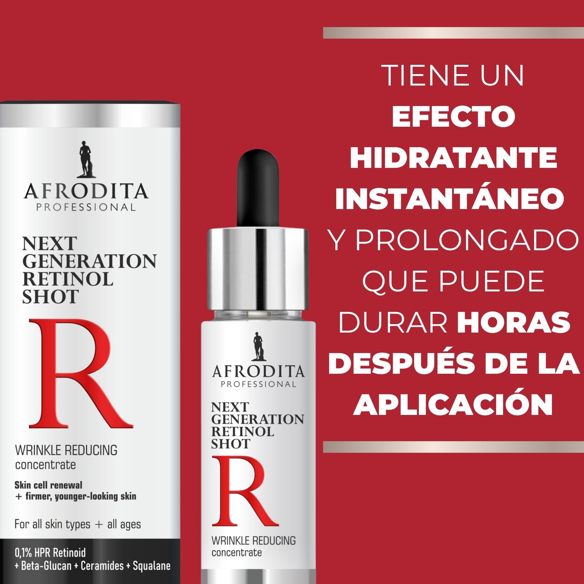 Afrodita Professional Next Generation Retinol Shot Serum Facial 0,1% HPR Retinoid Anti-Arrugas Sérum contra líneas Poros y manchas pigmentadas con Ceramidas Beta-glucano Escualano sin perfume 30 ml