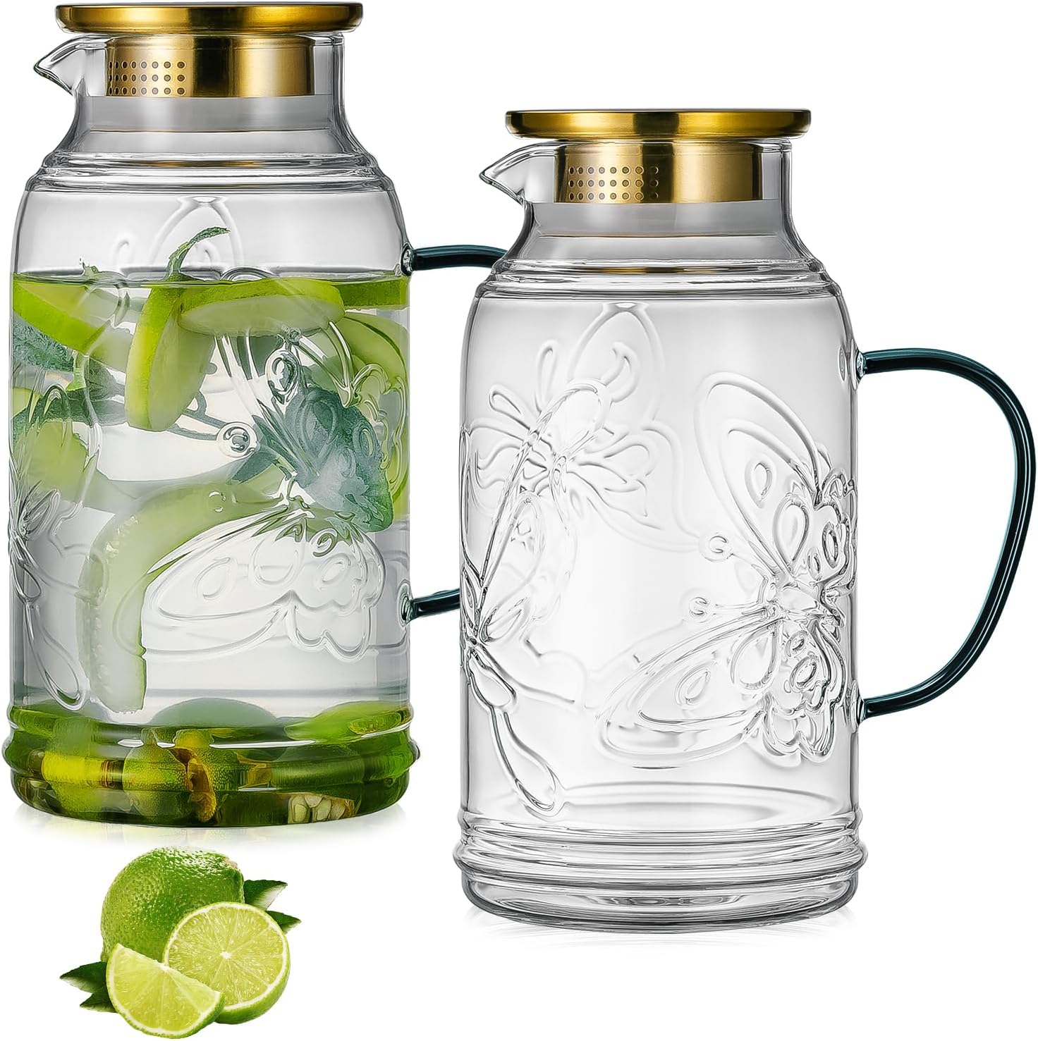 Buaic Glass Pitcher with Lid and Handle, 2 PACK 68 oz/2 Liter Vintage Butterfly Design Fridge Water Pitcher, Borosilicate Glass Water Carafe for Hot/Cold Water,Coffee,Iced Sun Tea,Heat Resistant